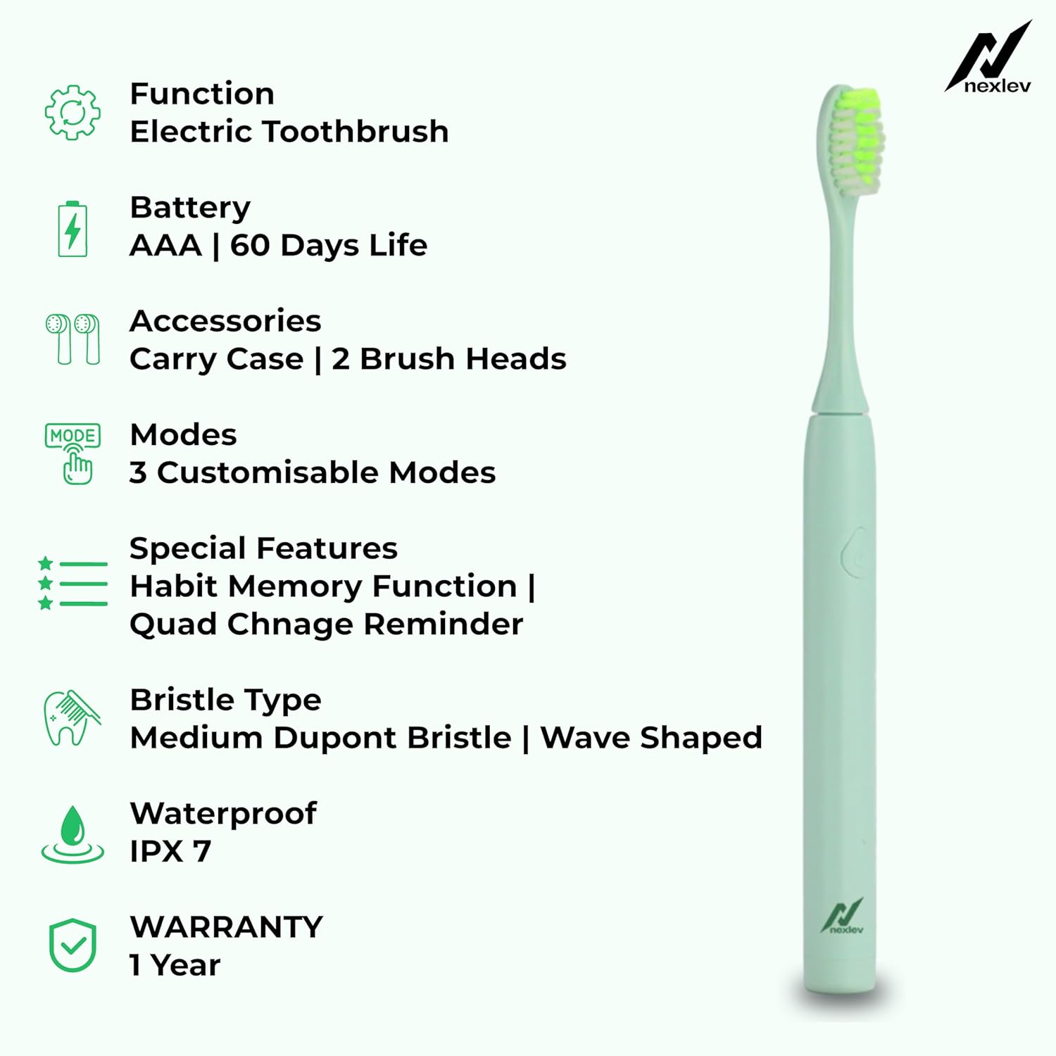 Nexlev Smart Smile Sonic Electric Toothbrush | ET-02-GN