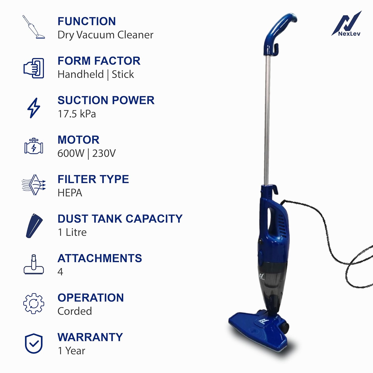NexLev 2-in-1 Stick & Handheld Vacuum Cleaner | High Power Motor VC-01