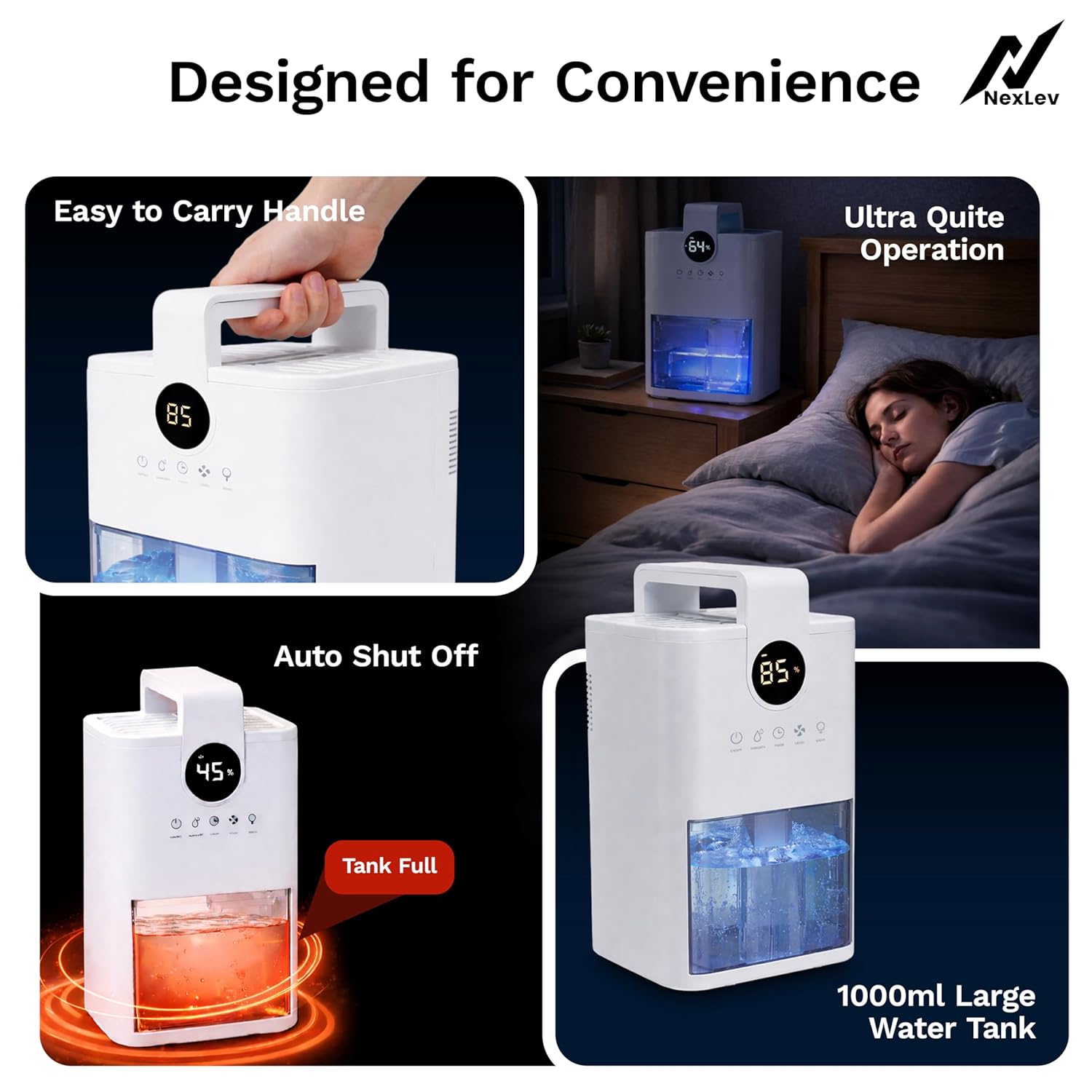 NexLev Dehumidifier for Room Moisture Absorption | 1000ML Tank | Ideal for Mold & Moisture Removal |For Room Wardrobe Kitchen Office| Auto Shut-Off Function| Preset Timer & Humidty Control | DH-01