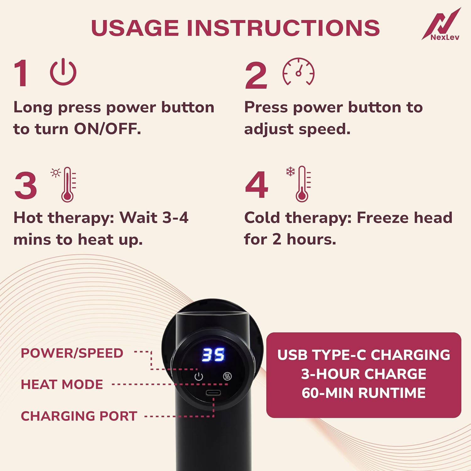 NexLev Hot & Cold Massage Gun|6 Modes | Deep Tissue Massage for Neck Back Shoulder Feet & Lower Back|6 Attachments MGC-03