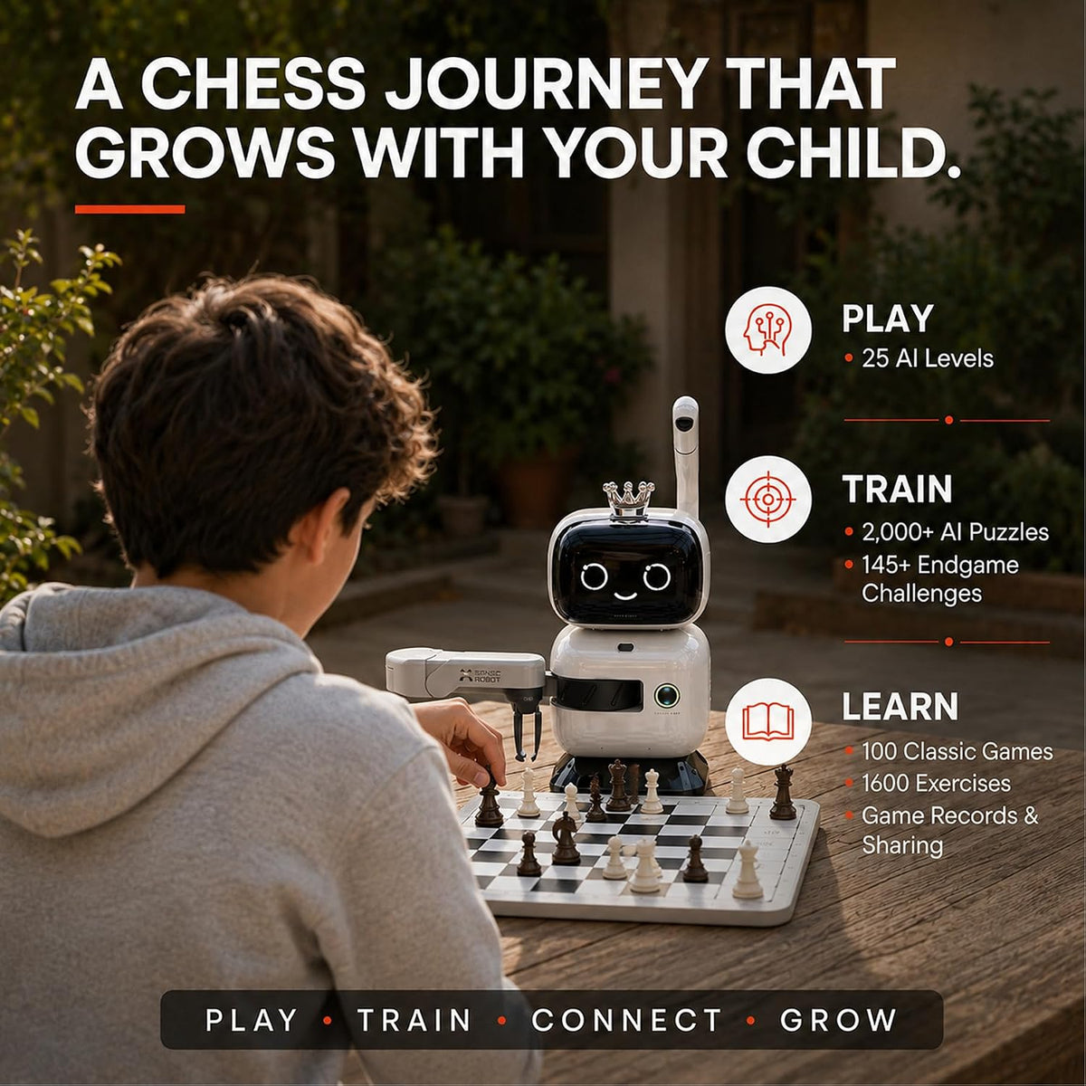 SenseRobot AI Chess Robot with Robotic Arm & Electronic Chess Board – 25 AI Levels, 1200+ Chess Exercises, Voice Coaching, Lichess Integration & Wi-Fi OTA Upd