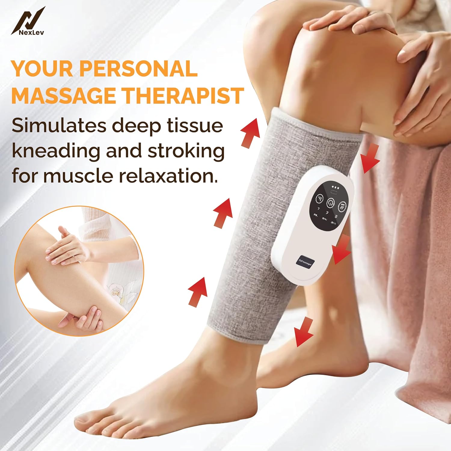 NexLev Calf Massager | Daily Use Leg Massager for Sore Muscle |1 Piece | Hand Like Massage with Air Compression | Improve Blood Circulation & Relieve Pain | 2500 mAh | Large Belt | Type C | CFM-01