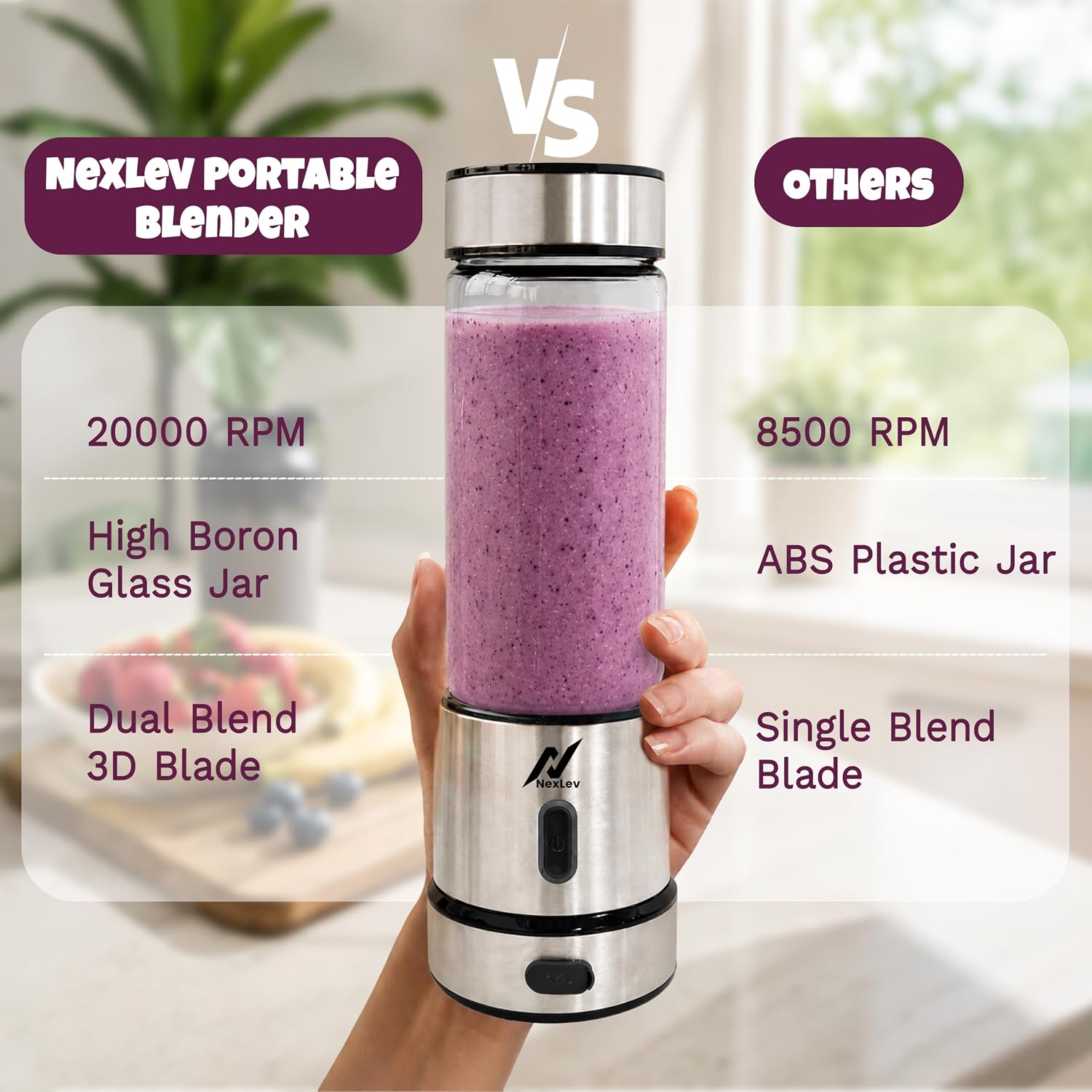 NexLev Portable Blender | 6 Leaf Stainless Steel Blade Portable Blender for Smoothie and Juices Milkshakes & Ice Crushing | 3000 mAh Type C Rechargeable Battery | 450ml | Kitchen & Travel Use | PB-01