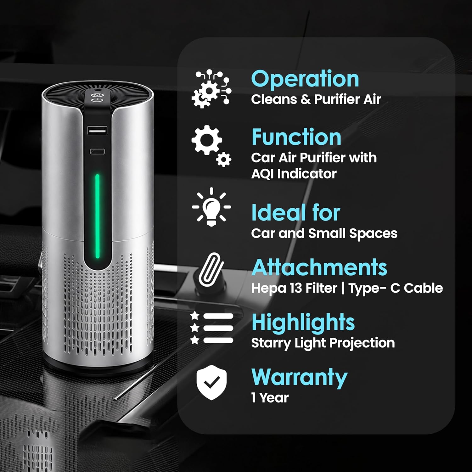 NexLev Car Air Purifier | CAP-05 Air Purifier For Living Room with H13 HEPA Filter, Activated Carbon, Negative Ion Generator & 360° Air Intake, USB Type-C, Removes PM 2.5 & PM 10 | CAP-05
