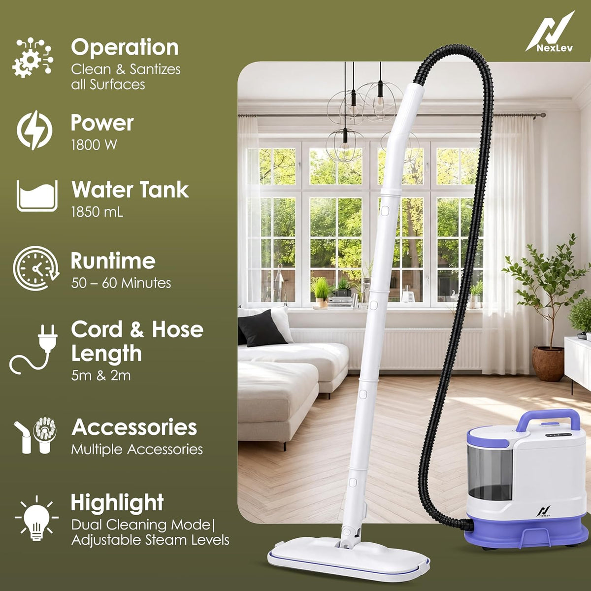 NexLev SteamXpert Steam Cleaner and Mop for Home, 1800W, 1850ml Tank, 30 Sec Heat-Up, 110°C Steam, 50-60 Min Run Time, 12 Accessories for Floor, Kitchen, Bathroom, Sofa and Glass, White (SC-06)