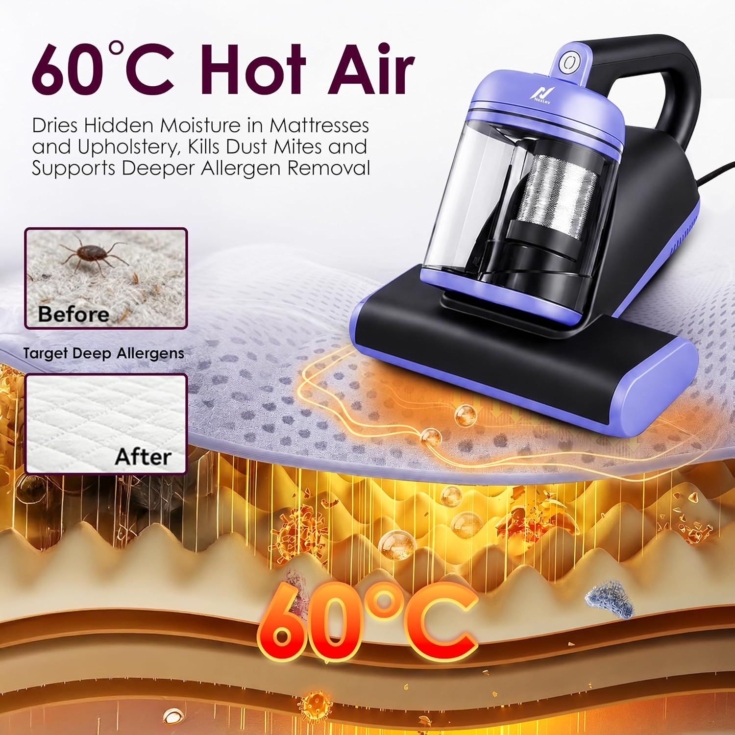 nexlev Dust Mite Vacuum Cleaner MR-03 | 14KPa Sofa Cleaning Machine for Mattress, Sofa & Carpet, UV-C Light, Double beat Vibration & 60º hot air, HEPA Filter for Mites, Allergens & Pet Hair