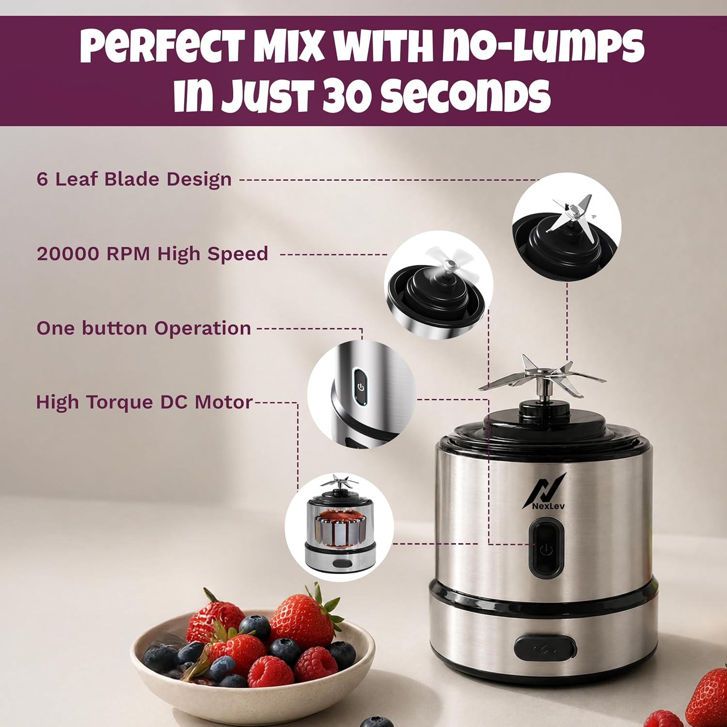 NexLev Portable Blender | 6 Leaf Stainless Steel Blade Portable Blender for Smoothie and Juices Milkshakes & Ice Crushing | 3000 mAh Type C Rechargeable Battery | 450ml | Kitchen & Travel Use | PB-01