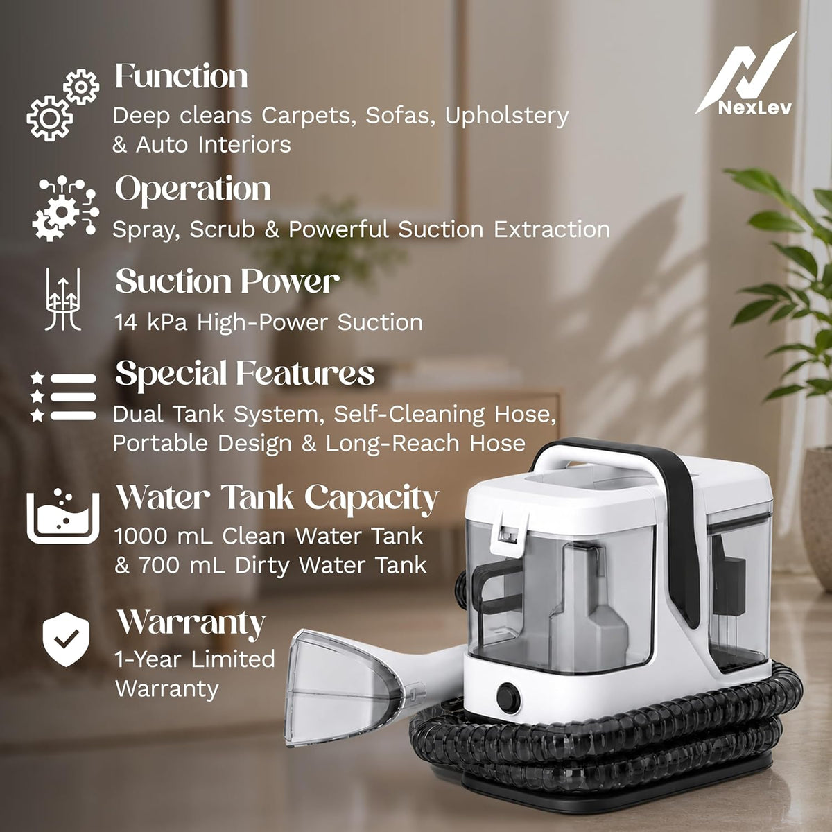 Nexlev SP-02 SpoTech Portable Spot Cleaner | 14kPa Suction, 450W | Spray & Suction Stain Remover with Self-Cleaning | 5 Attachments | For Carpet, Sofa & Car Seats