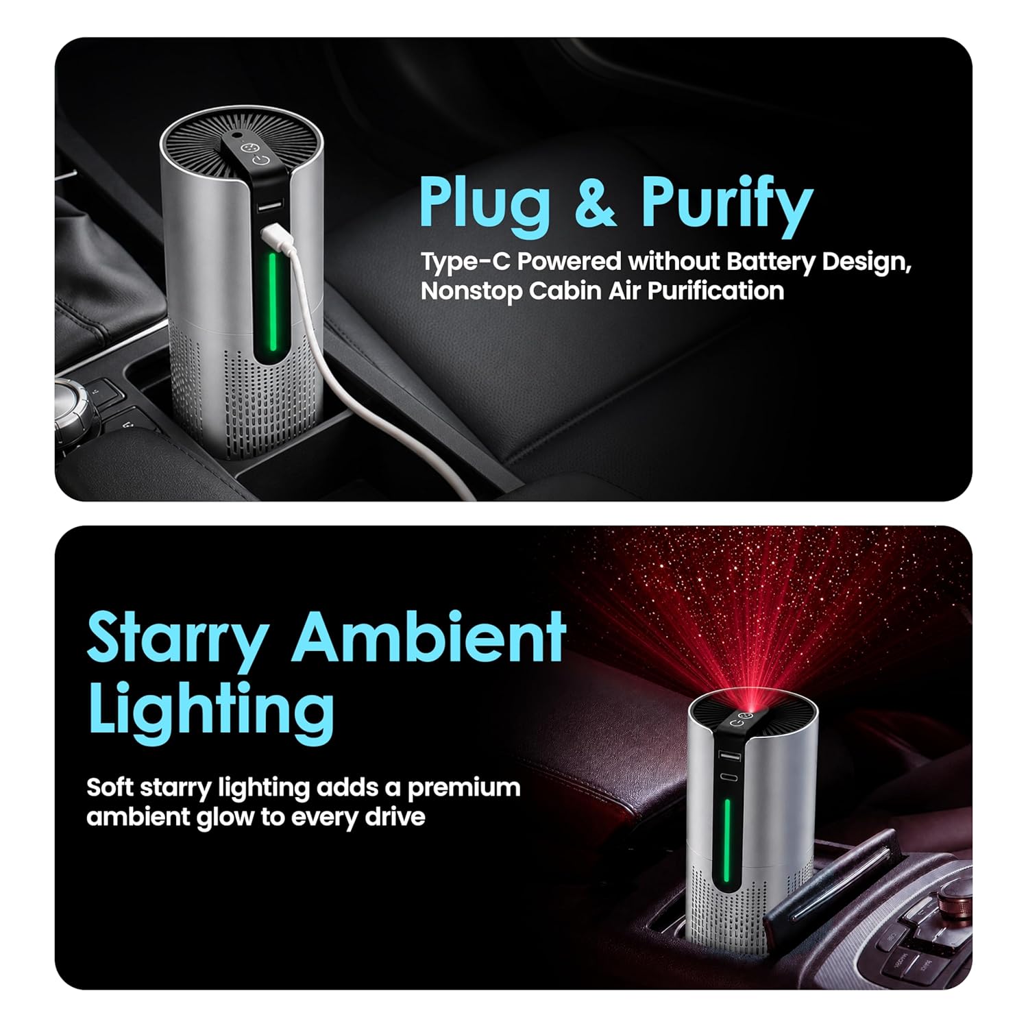NexLev Car Air Purifier | CAP-05 Air Purifier For Living Room with H13 HEPA Filter, Activated Carbon, Negative Ion Generator & 360° Air Intake, USB Type-C, Removes PM 2.5 & PM 10 | CAP-05