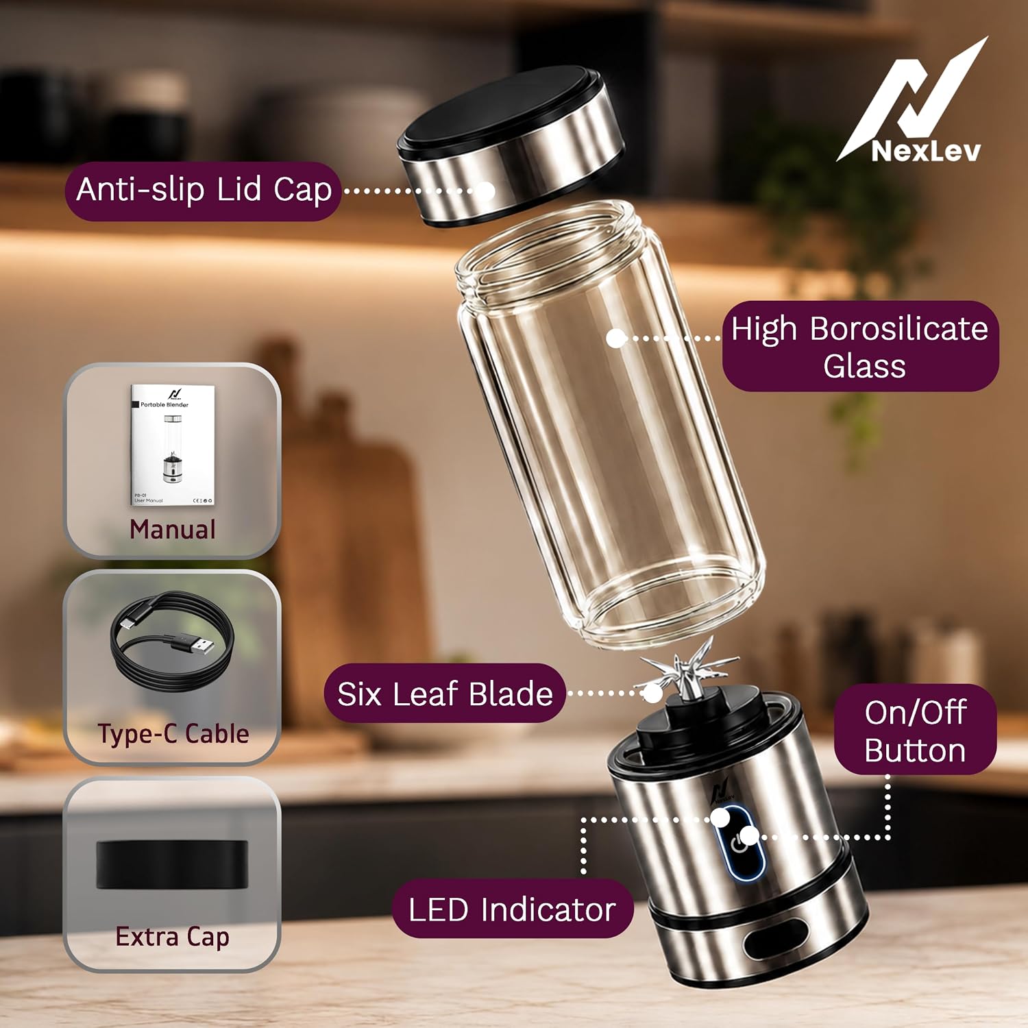 NexLev Portable Blender | 6 Leaf Stainless Steel Blade Portable Blender for Smoothie and Juices Milkshakes & Ice Crushing | 3000 mAh Type C Rechargeable Battery | 450ml | Kitchen & Travel Use | PB-01