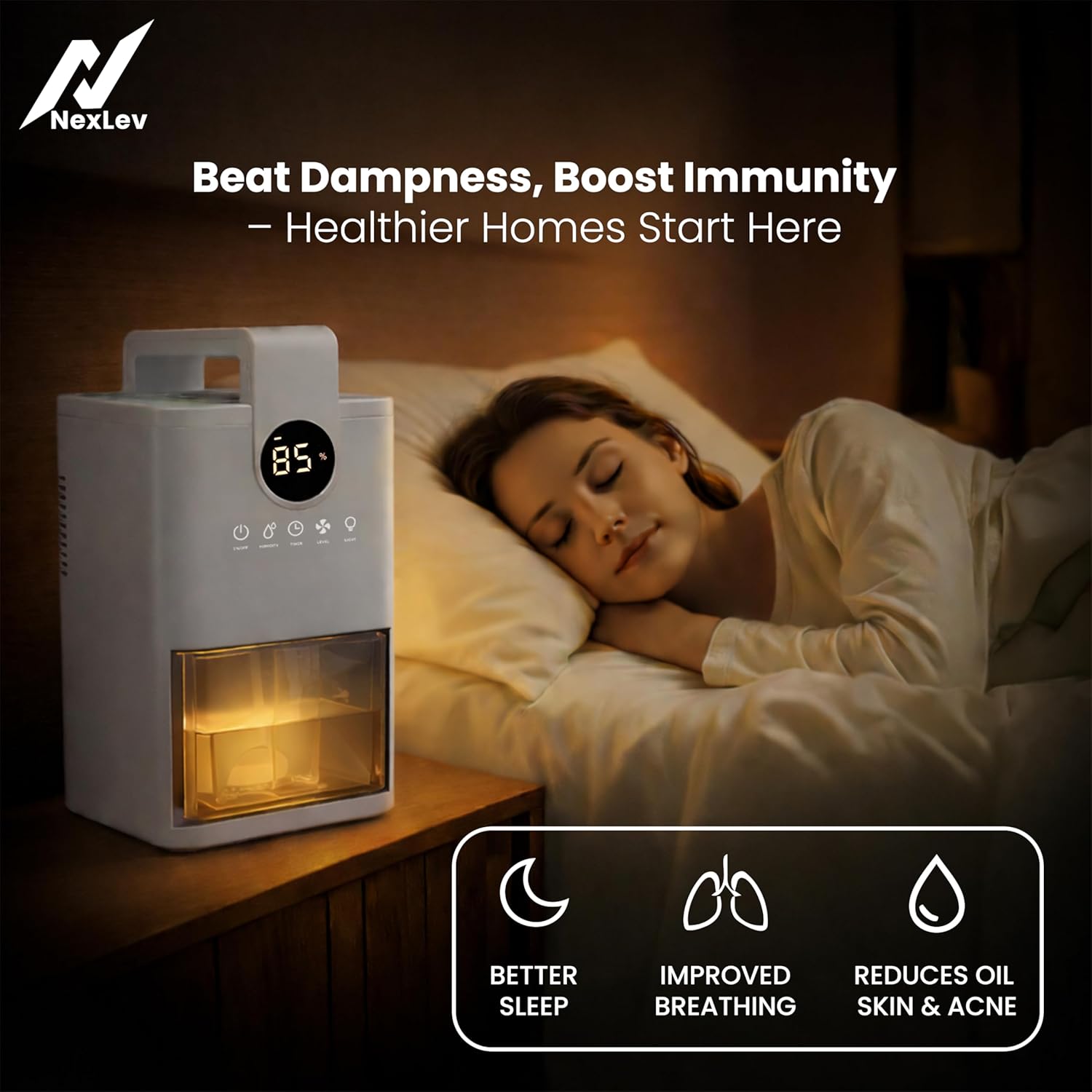 NexLev Dehumidifier for Room Moisture Absorption | 1000ML Tank | Ideal for Mold & Moisture Removal |For Room Wardrobe Kitchen Office| Auto Shut-Off Function| Preset Timer & Humidty Control | DH-01