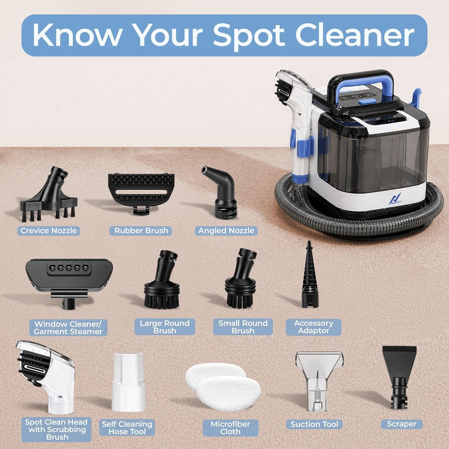 Nexlev Multipurpose Spot Cleaner Machine, Carpet Upholstery Deep Cleaner | Hot Water and Steam function | Powerful Suction | 1700 Watt | Stain Remover |13 Accessories for Home & Car| SP-01