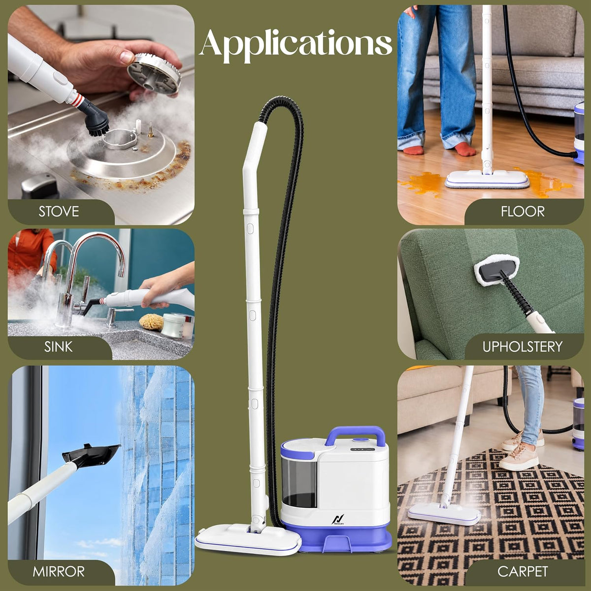 NexLev SteamXpert Steam Cleaner and Mop for Home, 1800W, 1850ml Tank, 30 Sec Heat-Up, 110°C Steam, 50-60 Min Run Time, 12 Accessories for Floor, Kitchen, Bathroom, Sofa and Glass, White (SC-06)