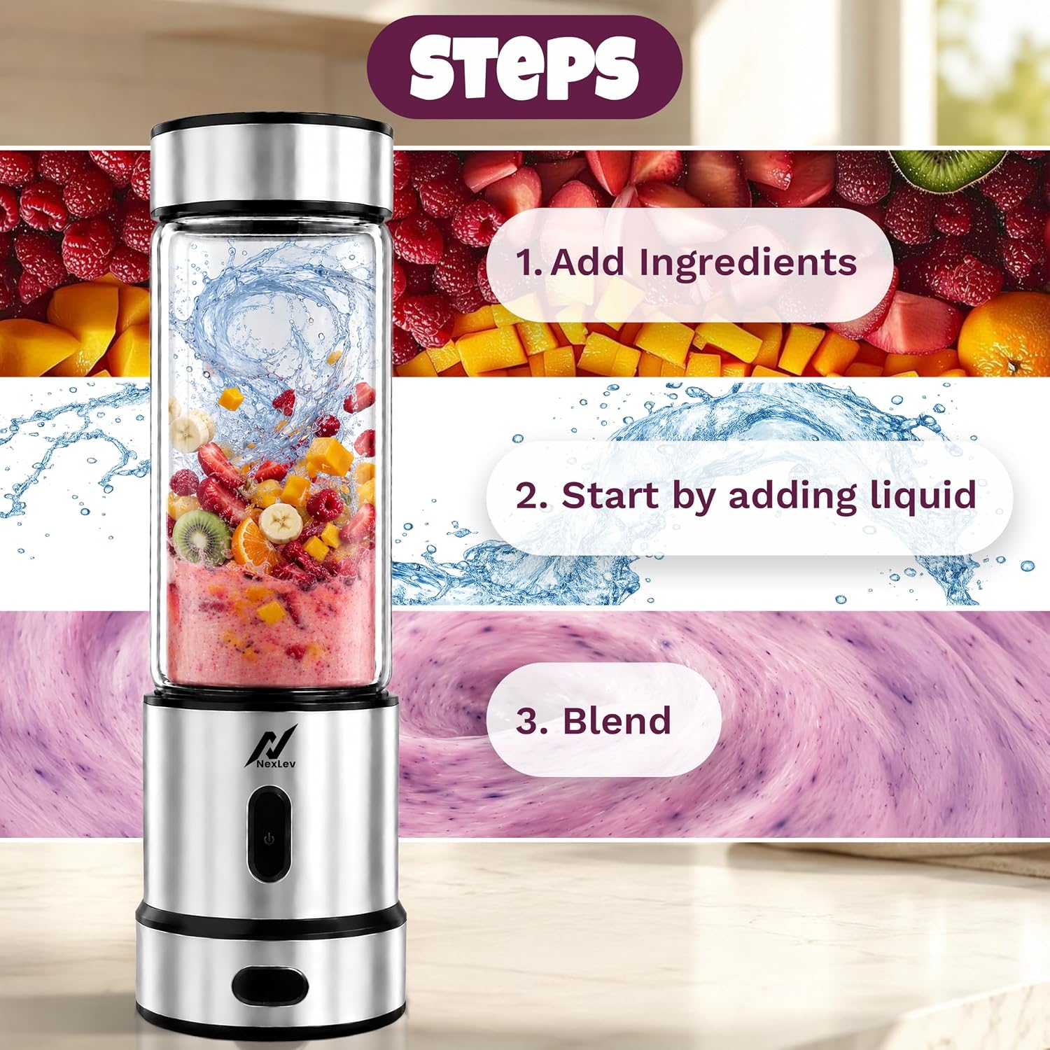 NexLev Portable Blender | 6 Leaf Stainless Steel Blade Portable Blender for Smoothie and Juices Milkshakes & Ice Crushing | 3000 mAh Type C Rechargeable Battery | 450ml | Kitchen & Travel Use | PB-01