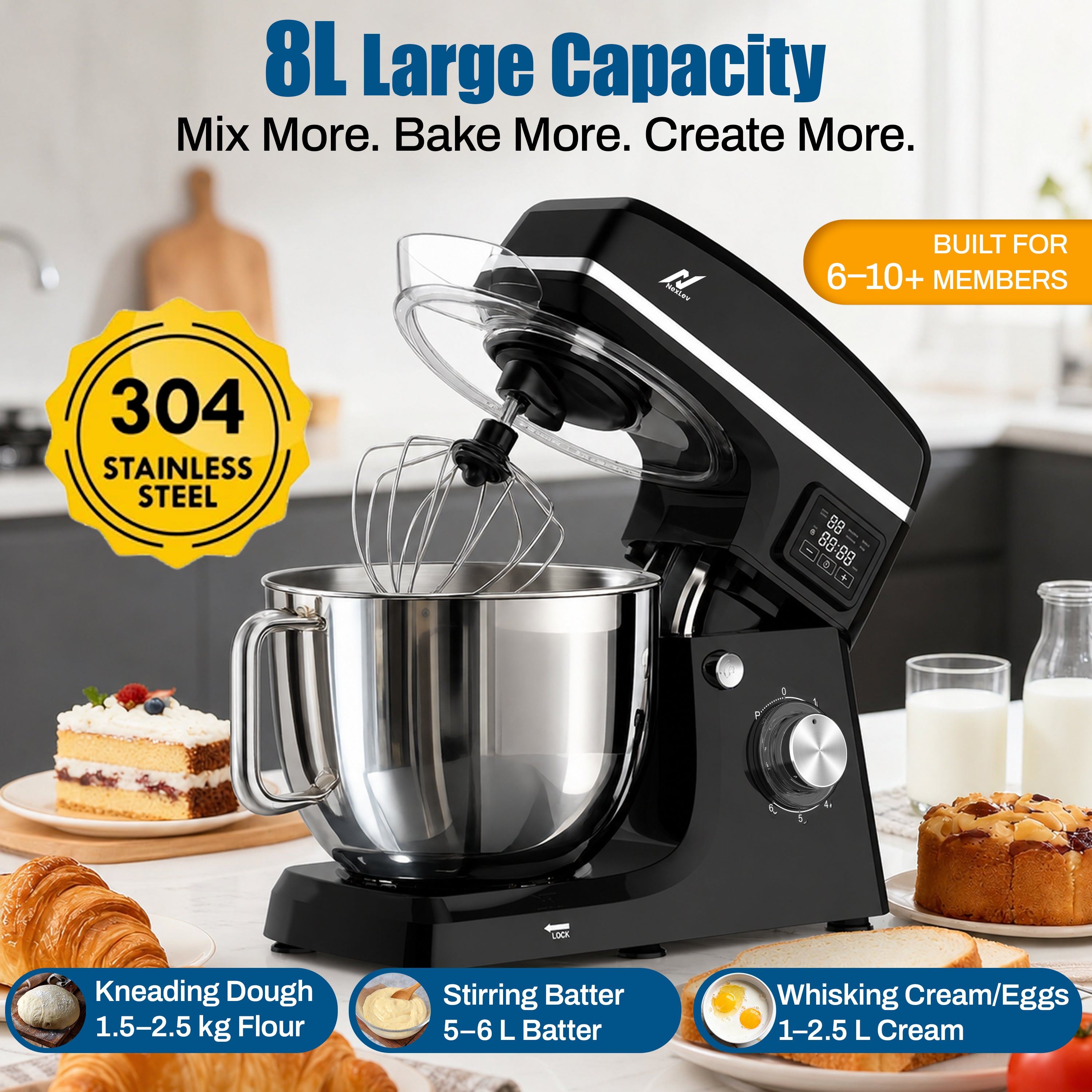 NexLev Stand Mixer | 2000W Copper Motor Dough Maker Machine with Digital Timer, 8L Stainless Steel Bowl, 6 Speed + Pulse Control, Metal Gears, Planetary Rotation, Teflon Coated, ST-03