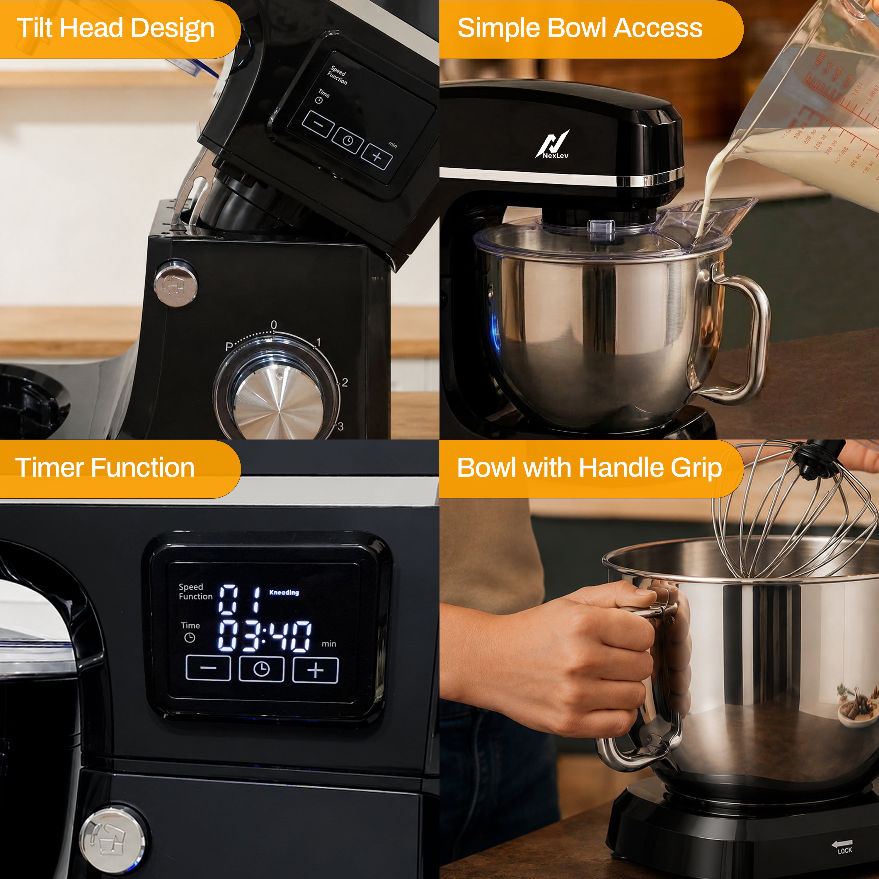 NexLev Stand Mixer | 2000W Copper Motor Dough Maker Machine with Digital Timer, 8L Stainless Steel Bowl, 6 Speed + Pulse Control, Metal Gears, Planetary Rotation, Teflon Coated, ST-03