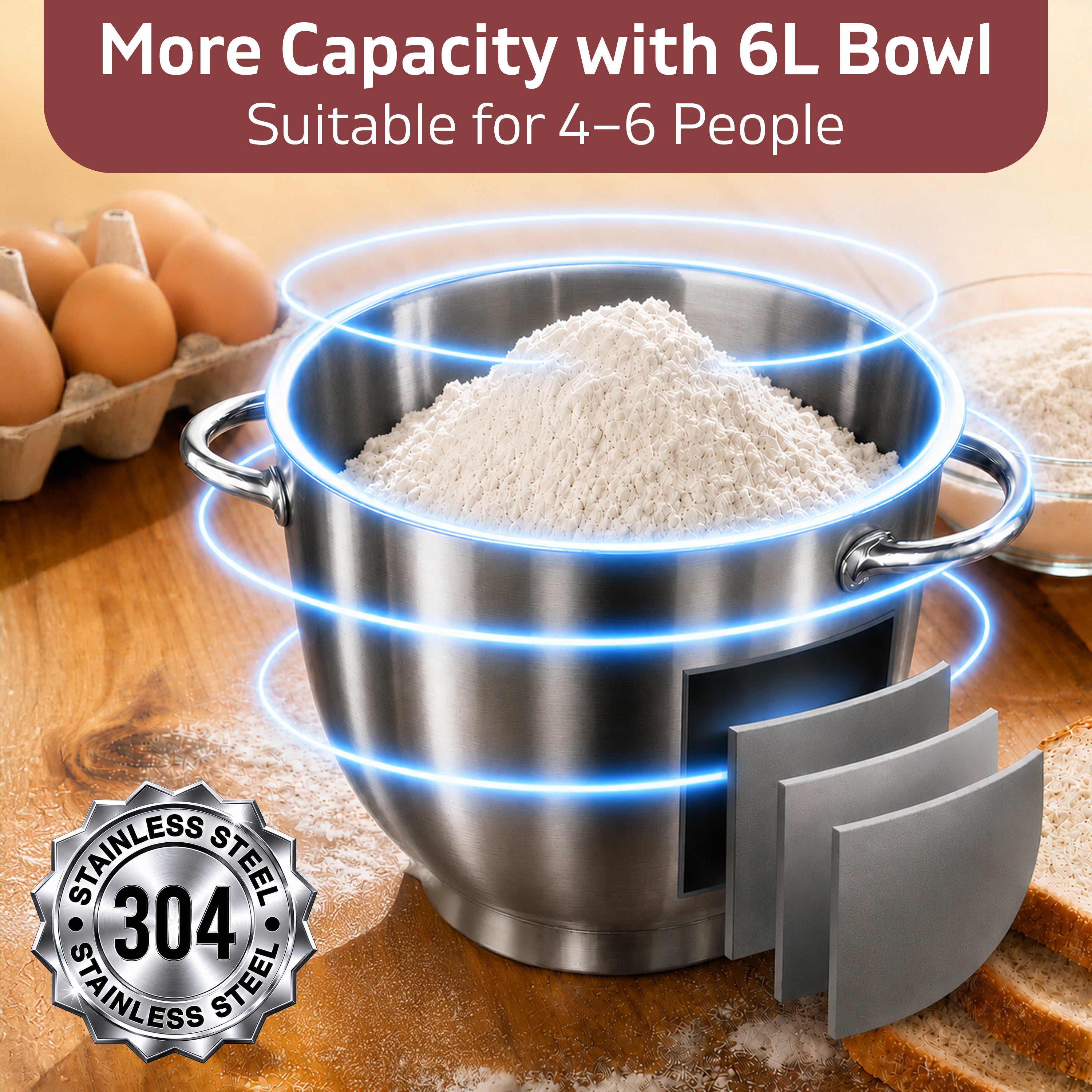 NexLev Stand Mixer | 2000W Copper Motor Dough Maker Machine with Digital Timer, 6L Stainless Steel Bowl, 6 Speed + Pulse Control, Metal Gears, Planetary Rotation, Teflon Coated, ST-02