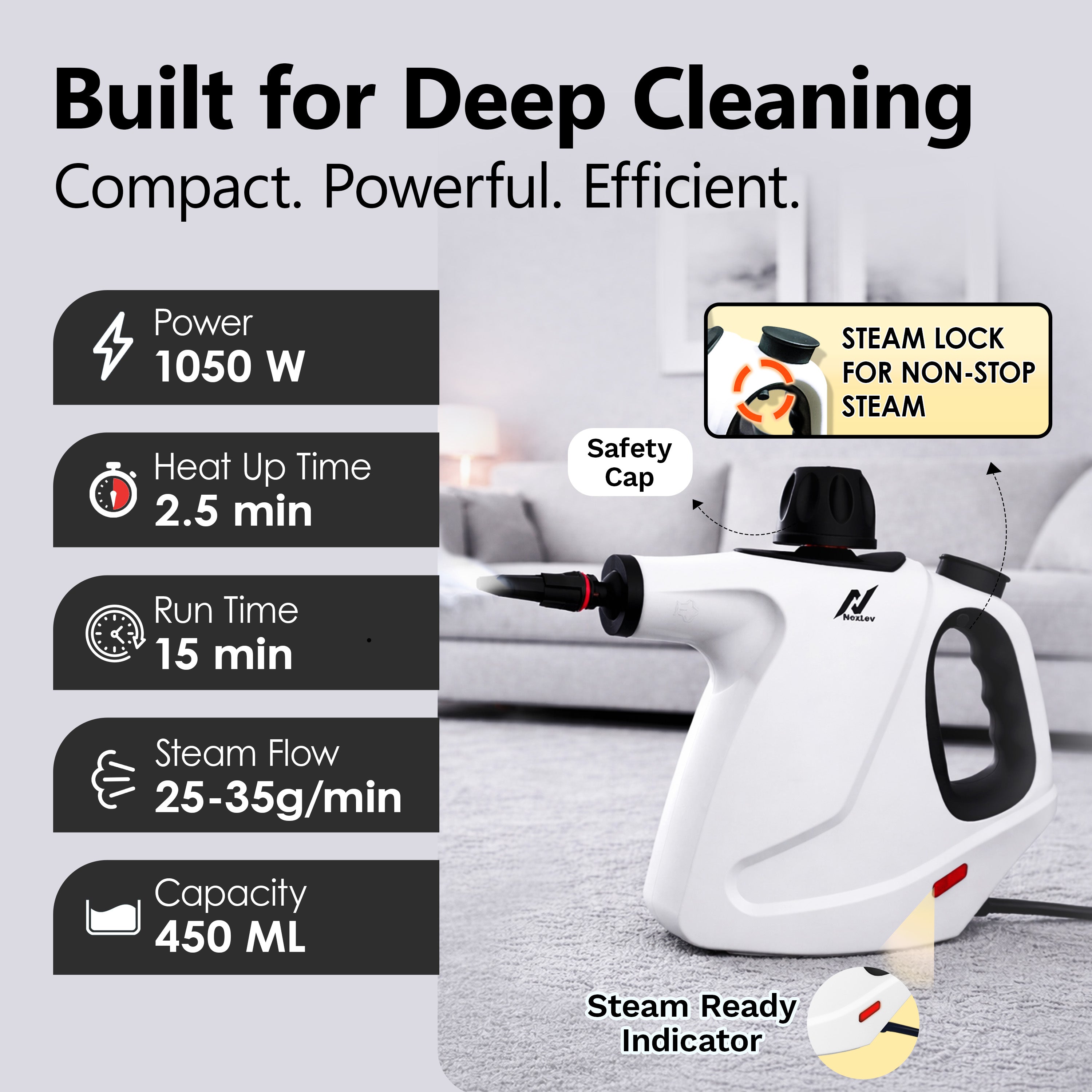 NexLev Steam Cleaner | Complete Home Kitchen Floor Bathroom Car & Office | Steam Cleaner for Home With 9 Accessories | 450 ML | Window Pane Sink Grime Chimney Grease Water Stain Cleaner | 1050W | SC-05