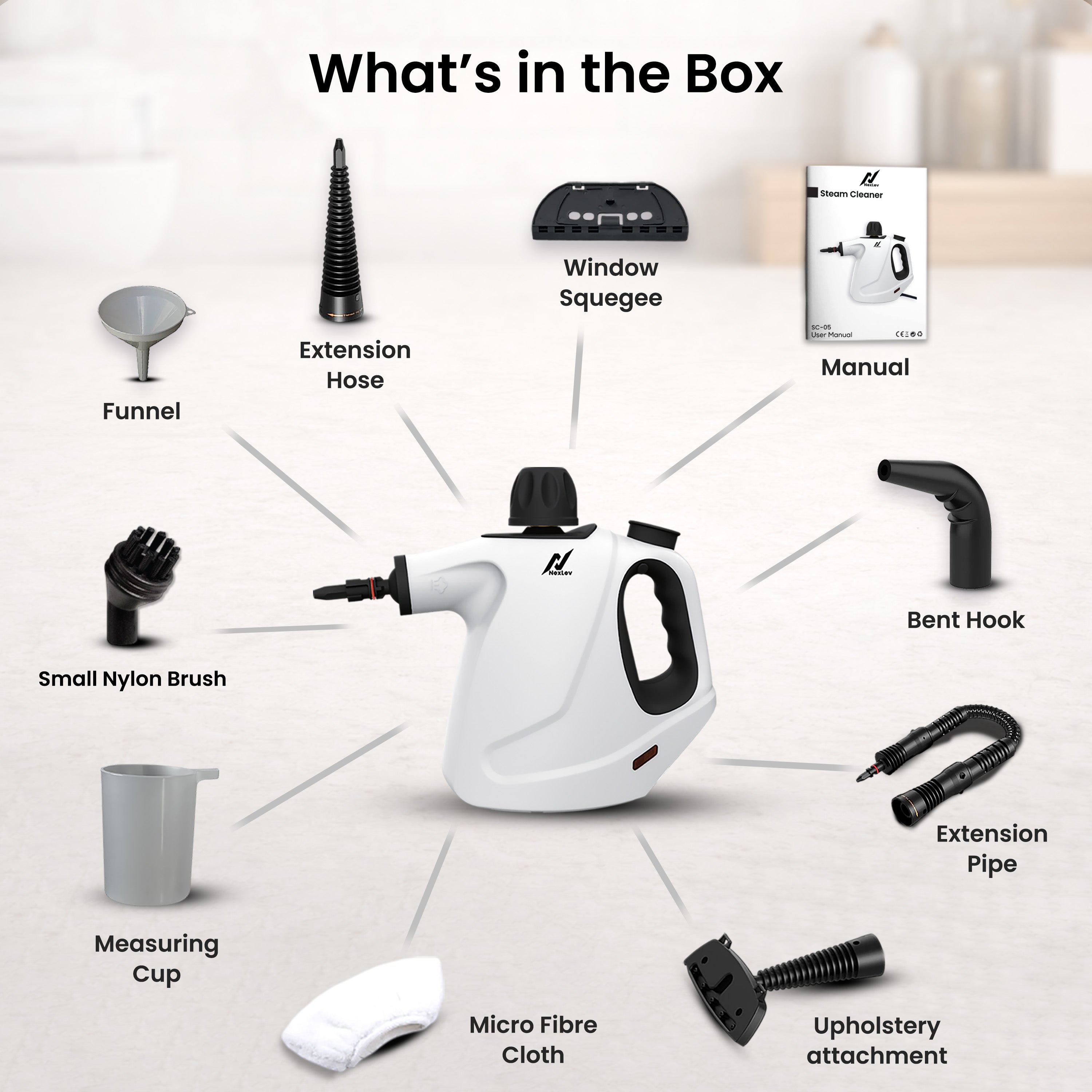 NexLev Steam Cleaner | Complete Home Kitchen Floor Bathroom Car & Office | Steam Cleaner for Home With 9 Accessories | 450 ML | Window Pane Sink Grime Chimney Grease Water Stain Cleaner | 1050W | SC-05