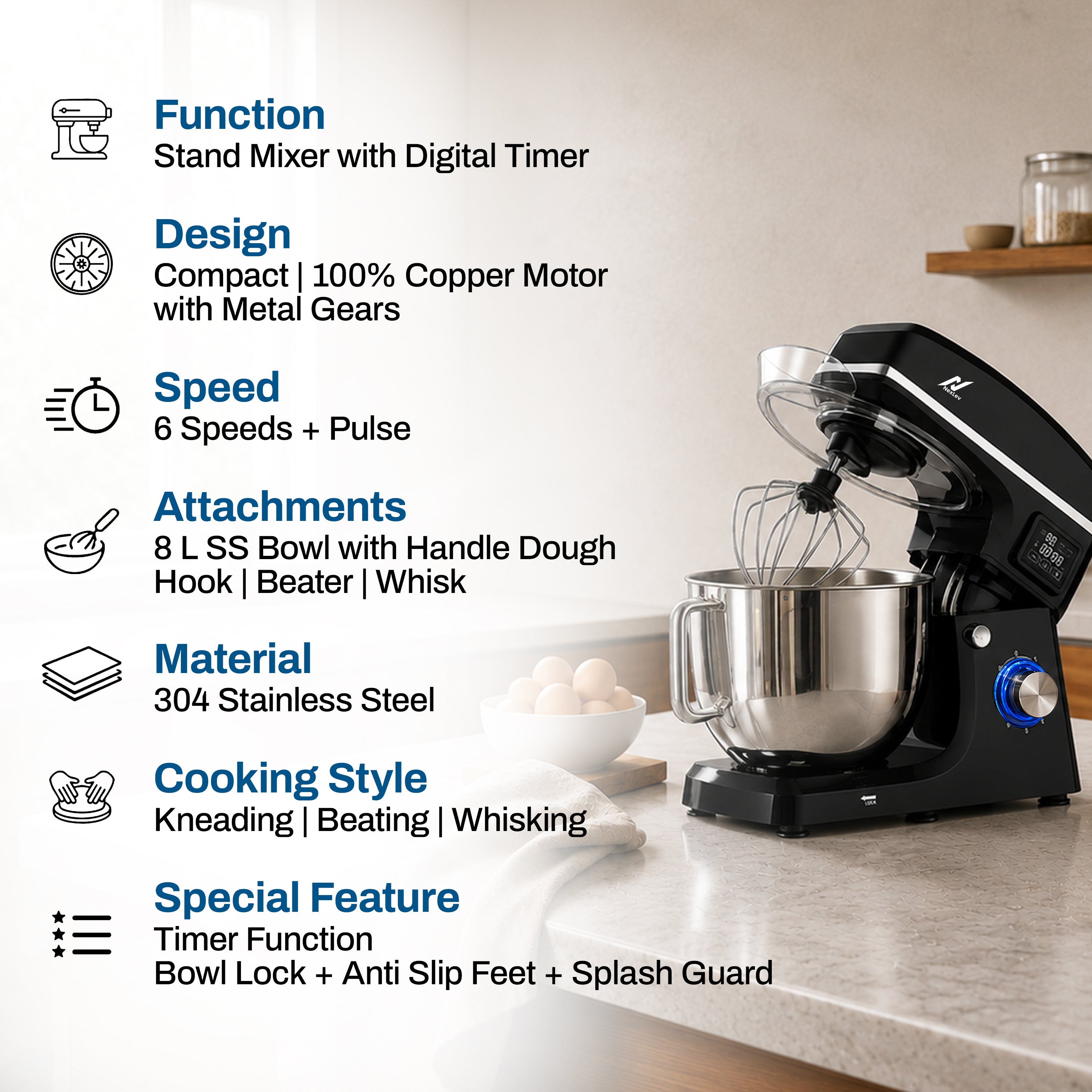 NexLev Stand Mixer | 2000W Copper Motor Dough Maker Machine with Digital Timer, 8L Stainless Steel Bowl, 6 Speed + Pulse Control, Metal Gears, Planetary Rotation, Teflon Coated, ST-03