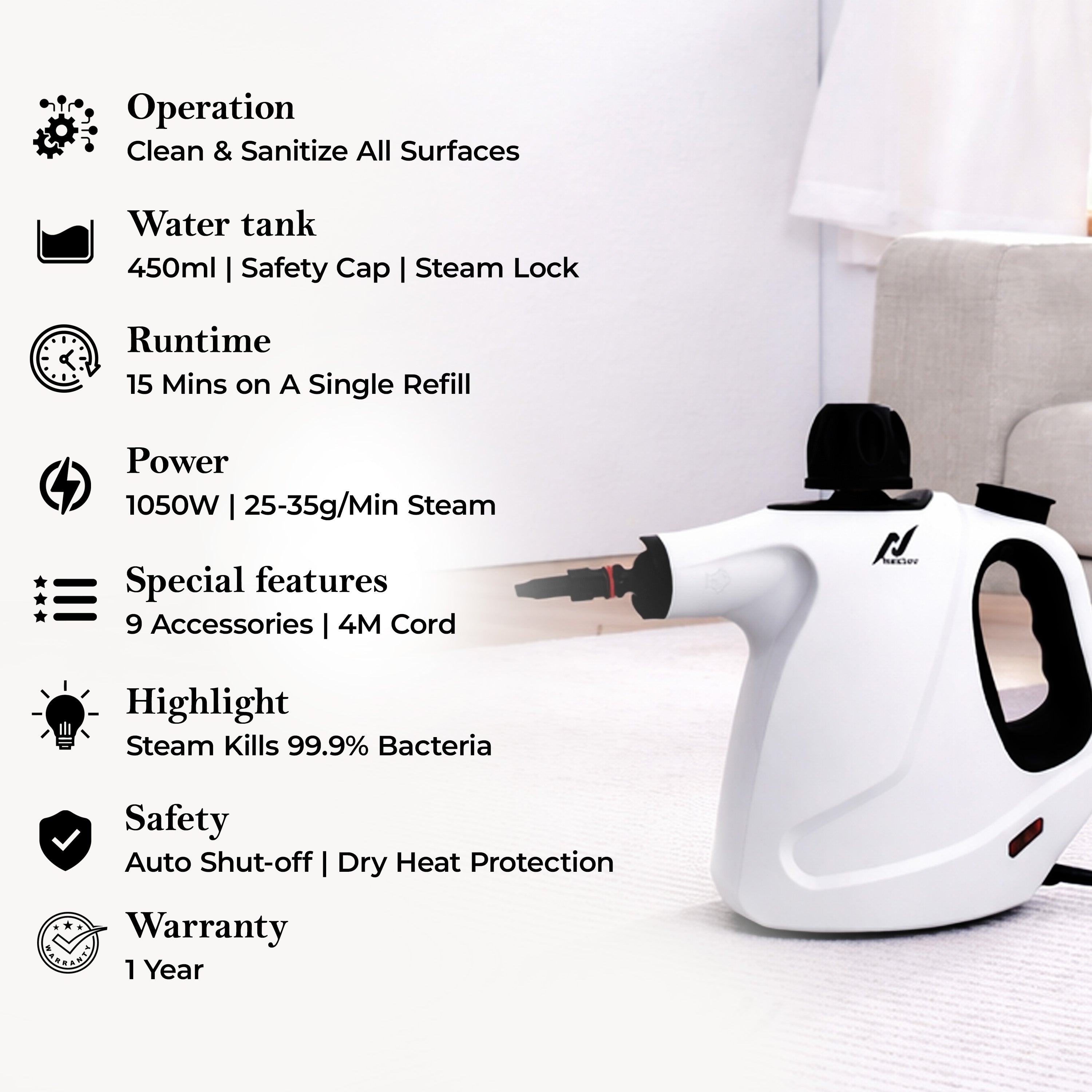 NexLev Steam Cleaner | Complete Home Kitchen Floor Bathroom Car & Office | Steam Cleaner for Home With 9 Accessories | 450 ML | Window Pane Sink Grime Chimney Grease Water Stain Cleaner | 1050W | SC-05