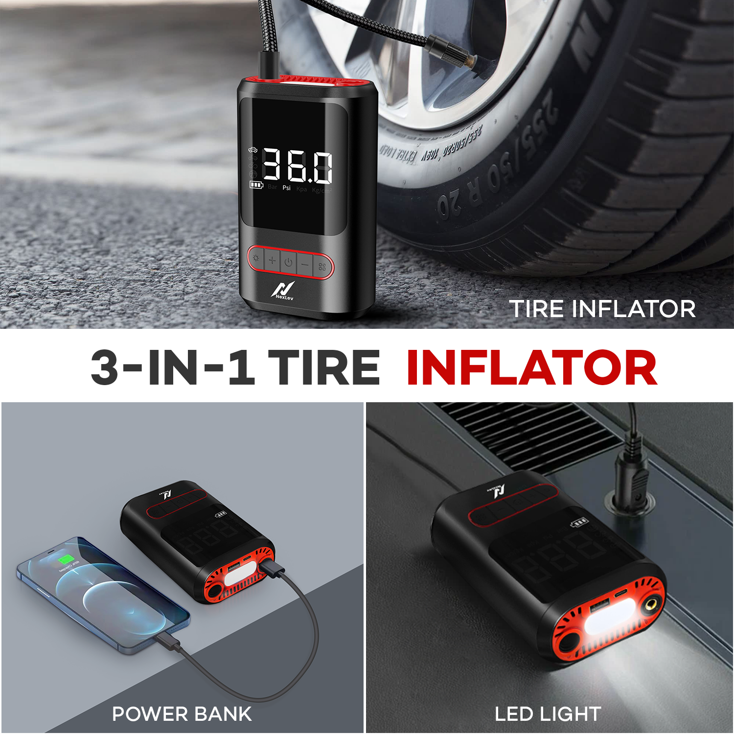 NexLev Cordless Tyre Inflator for Cars & Bikes | TIC-03