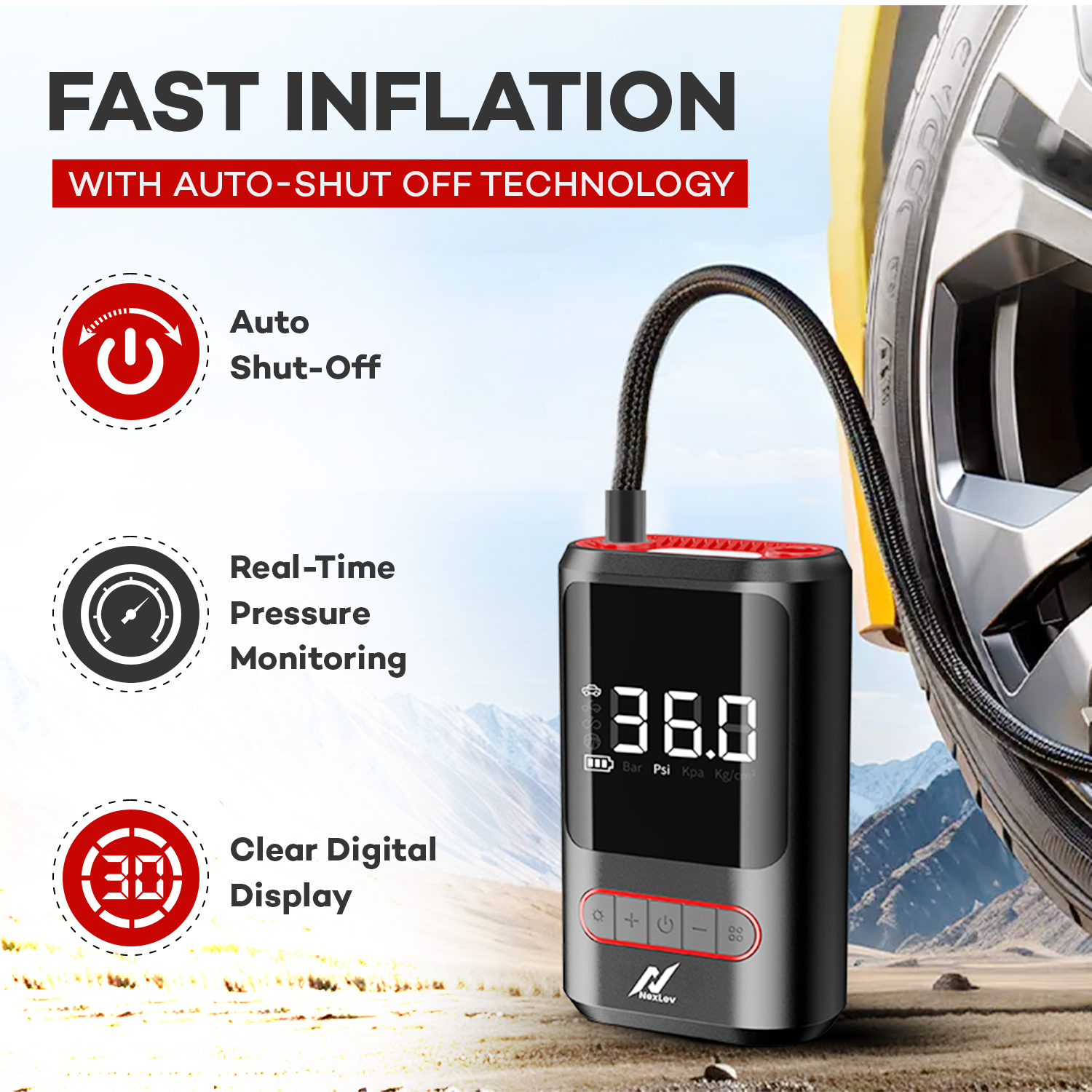 NexLev Cordless Tyre Inflator for Cars & Bikes | TIC-03