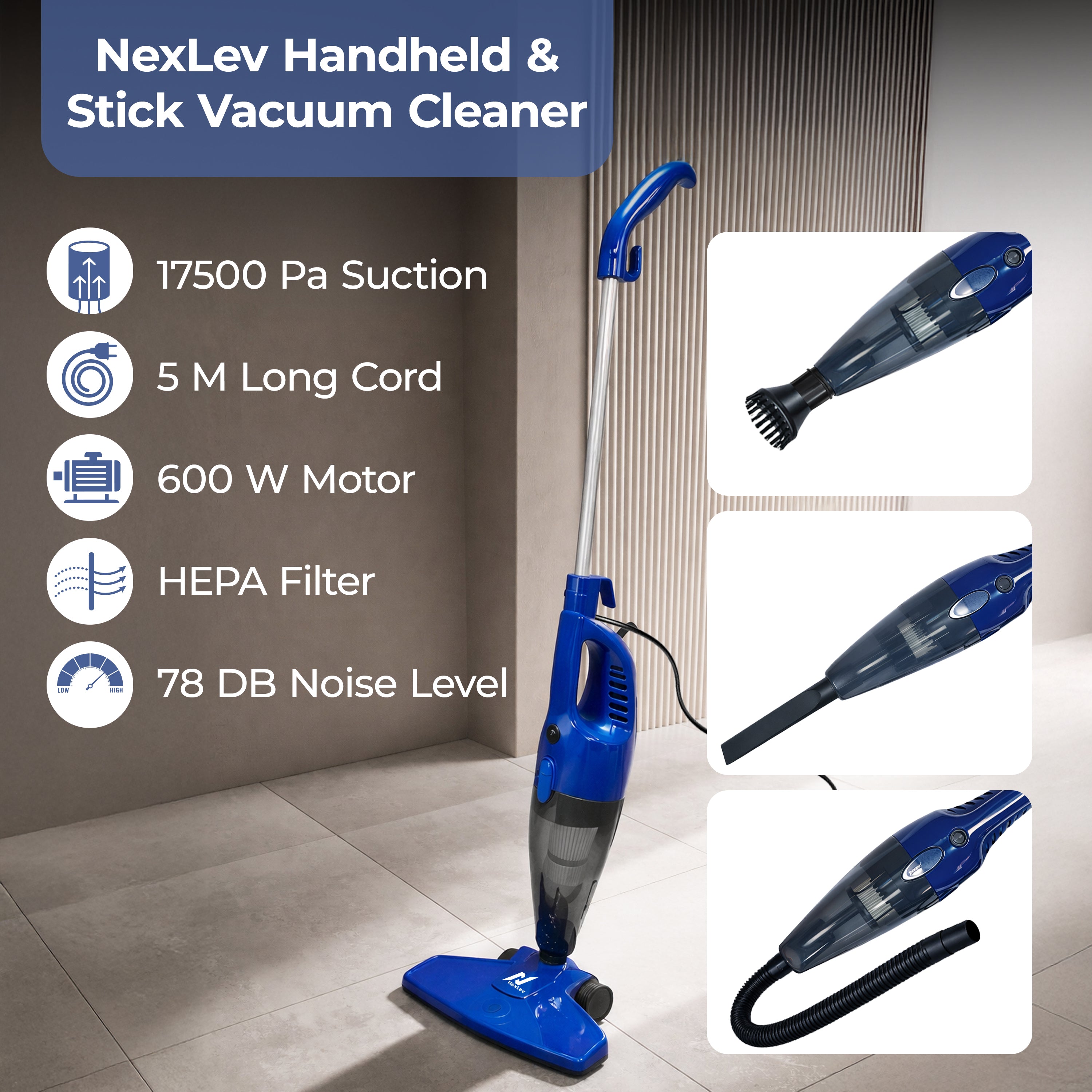 Nexlev Stick Vacuum Cleaner For House | Stick Vacuum Cleaners 17500PA Suction | 2 in 1 Handheld & Stick Design | Washable HEPA Filter | Bagless Dry Vacuum Cleaner for Home, Sofa, Bed & Office | VC-01