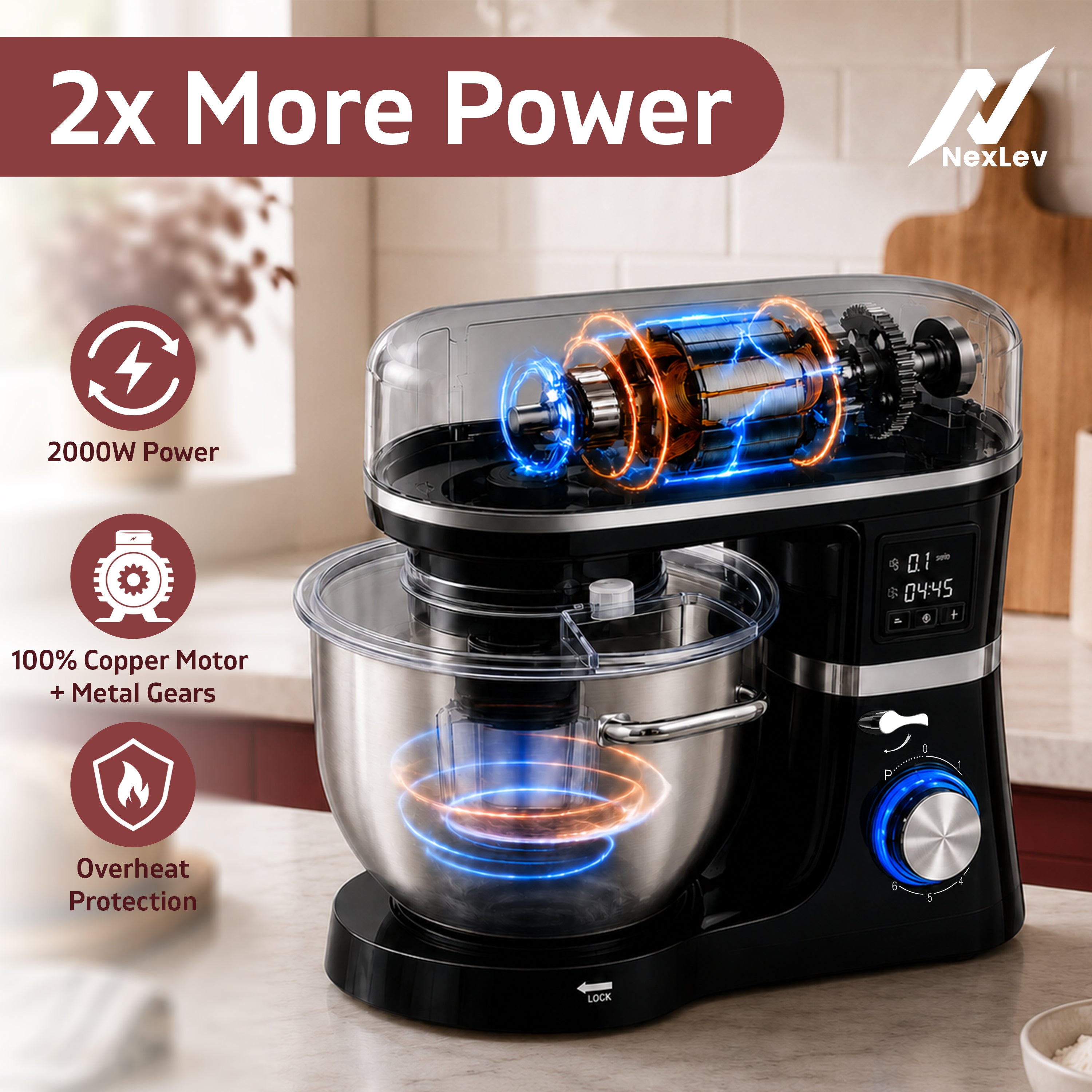 NexLev Stand Mixer | 2000W Copper Motor Dough Maker Machine with Digital Timer, 6L Stainless Steel Bowl, 6 Speed + Pulse Control, Metal Gears, Planetary Rotation, Teflon Coated, ST-02