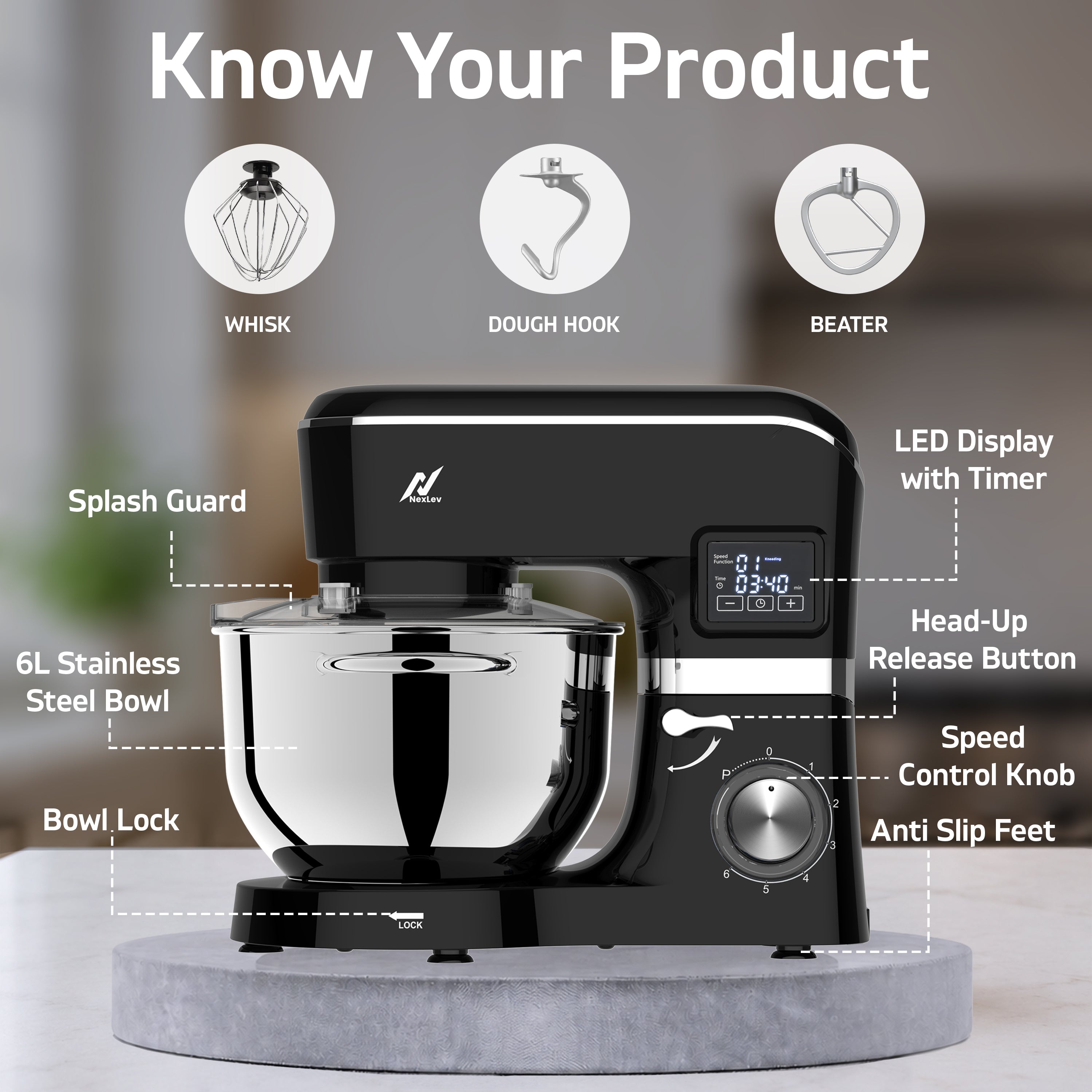 NexLev Stand Mixer | 2000W Copper Motor Dough Maker Machine with Digital Timer, 6L Stainless Steel Bowl, 6 Speed + Pulse Control, Metal Gears, Planetary Rotation, Teflon Coated, ST-02