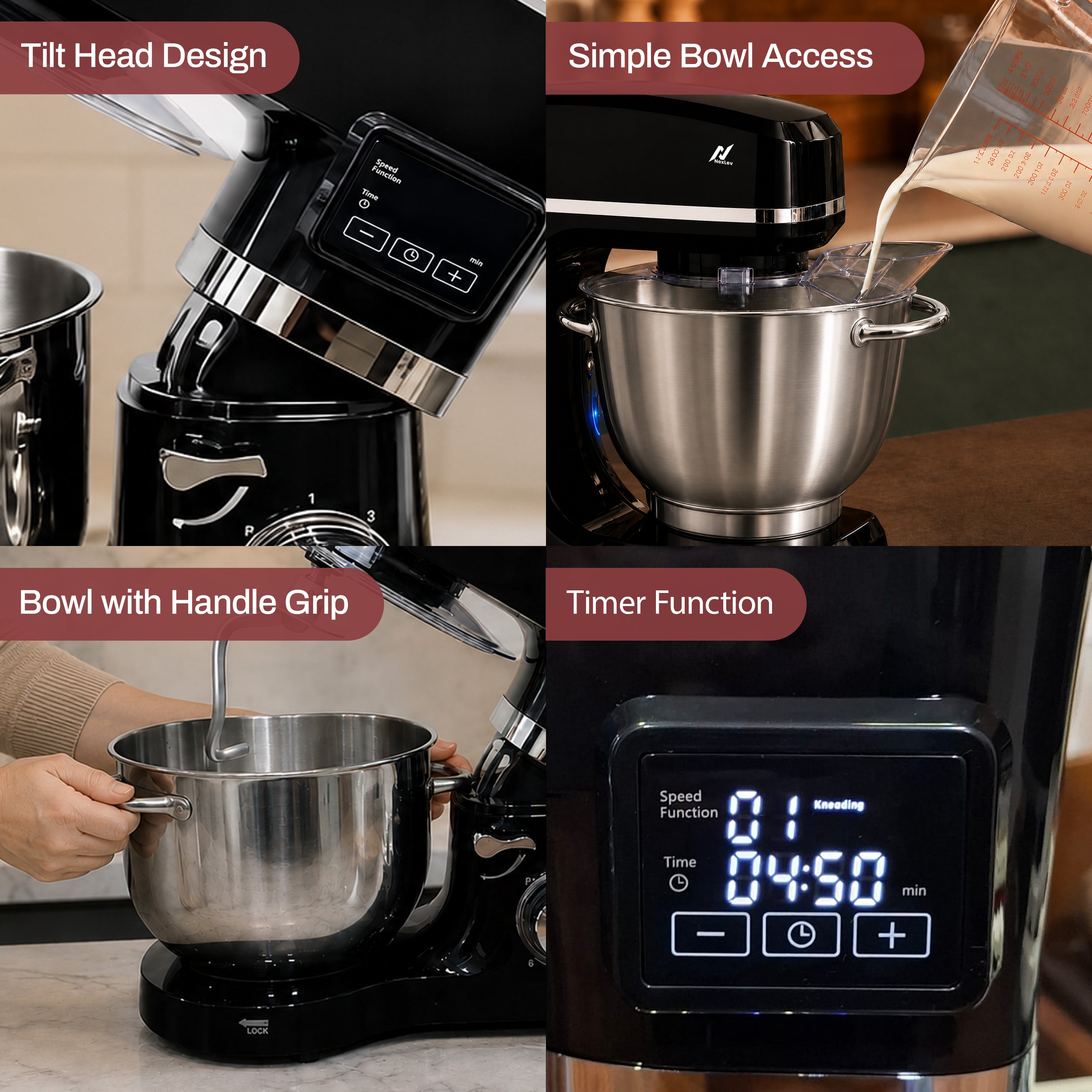 NexLev Stand Mixer | 2000W Copper Motor Dough Maker Machine with Digital Timer, 6L Stainless Steel Bowl, 6 Speed + Pulse Control, Metal Gears, Planetary Rotation, Teflon Coated, ST-02