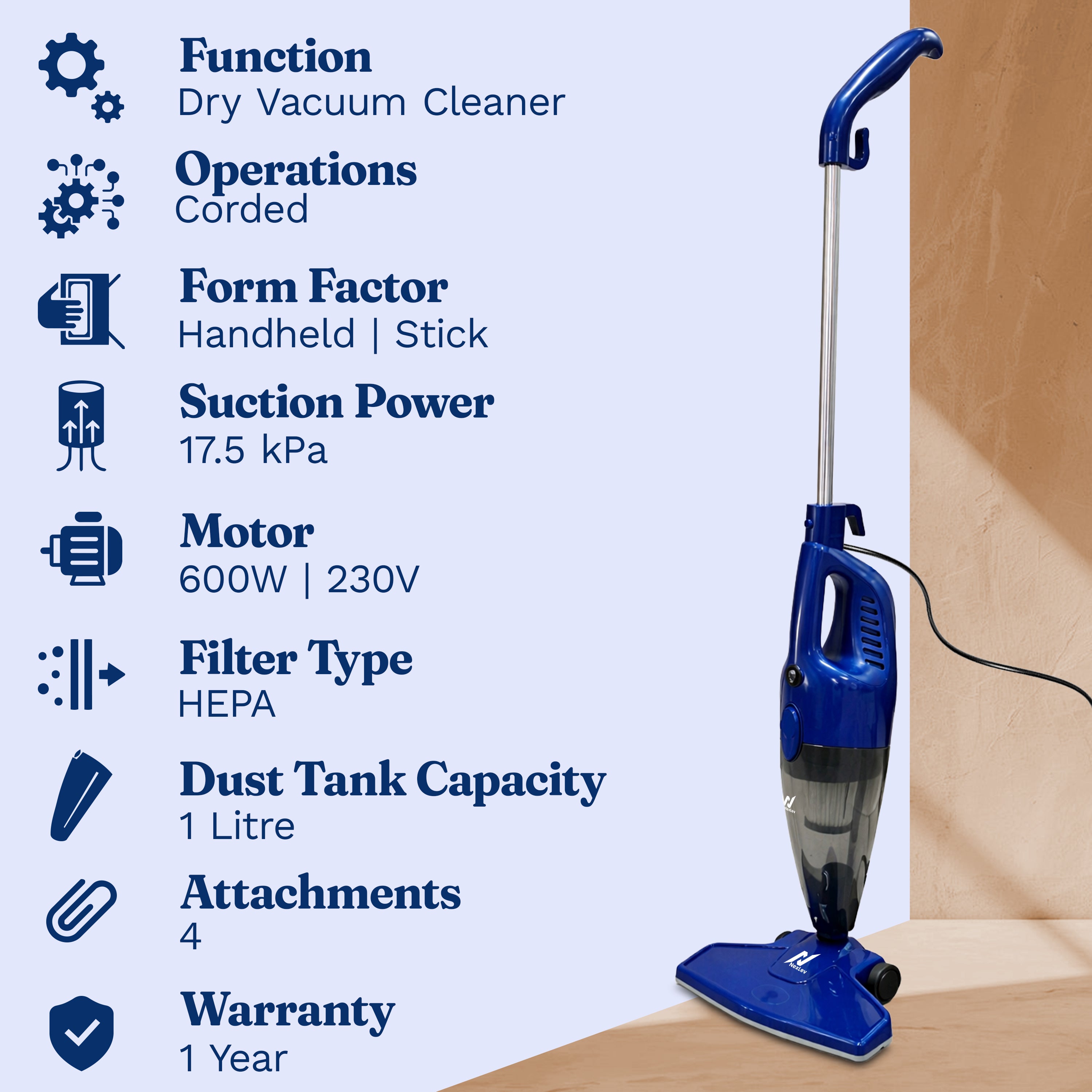 Nexlev Stick Vacuum Cleaner For House | Stick Vacuum Cleaners 17500PA Suction | 2 in 1 Handheld & Stick Design | Washable HEPA Filter | Bagless Dry Vacuum Cleaner for Home, Sofa, Bed & Office | VC-01