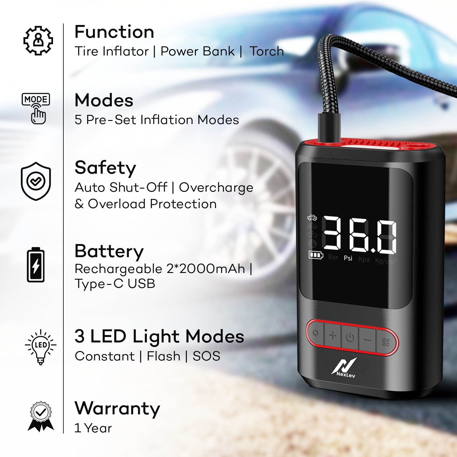 NexLev Cordless Tyre Inflator for Cars & Bikes | TIC-03