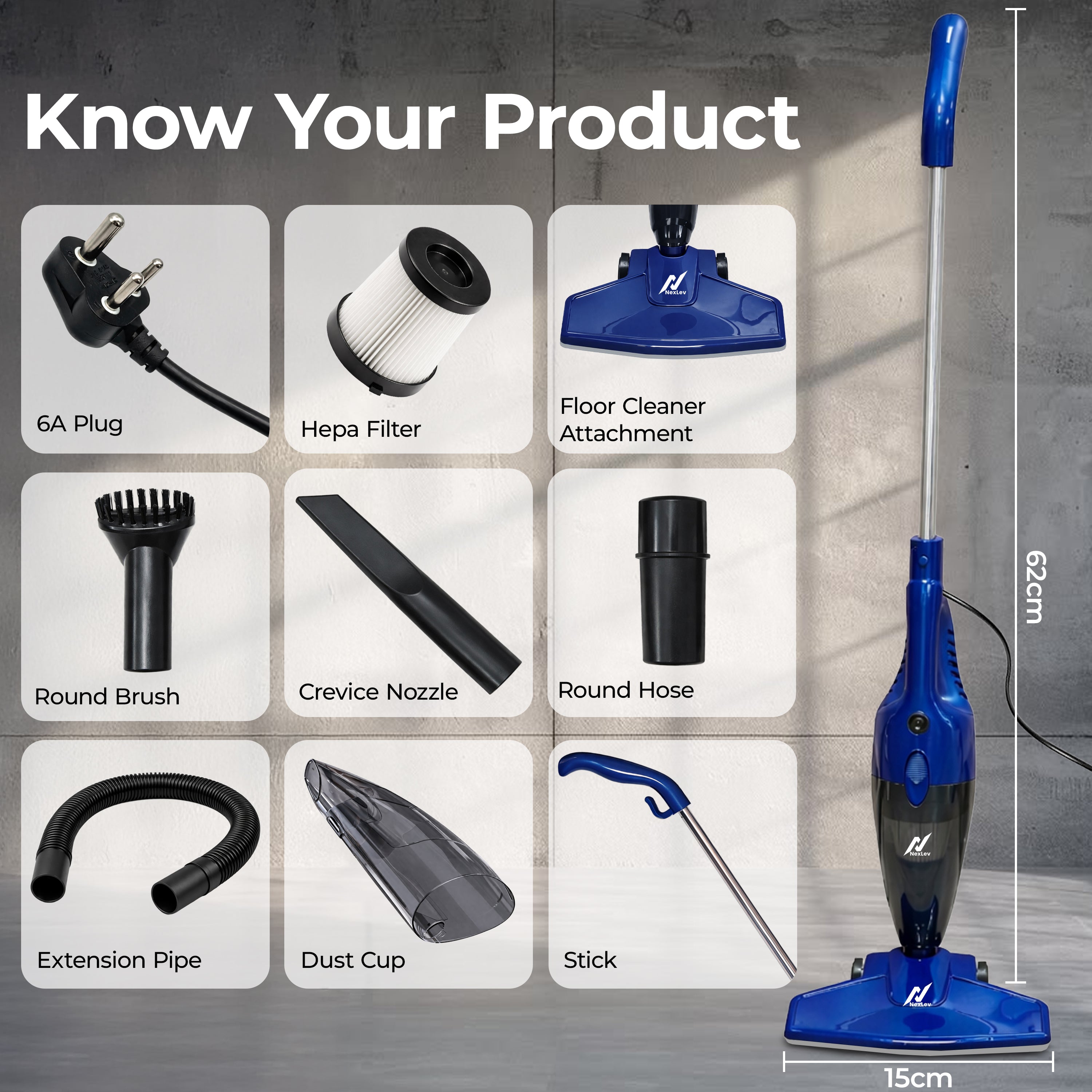 Nexlev Stick Vacuum Cleaner For House | Stick Vacuum Cleaners 17500PA Suction | 2 in 1 Handheld & Stick Design | Washable HEPA Filter | Bagless Dry Vacuum Cleaner for Home, Sofa, Bed & Office | VC-01