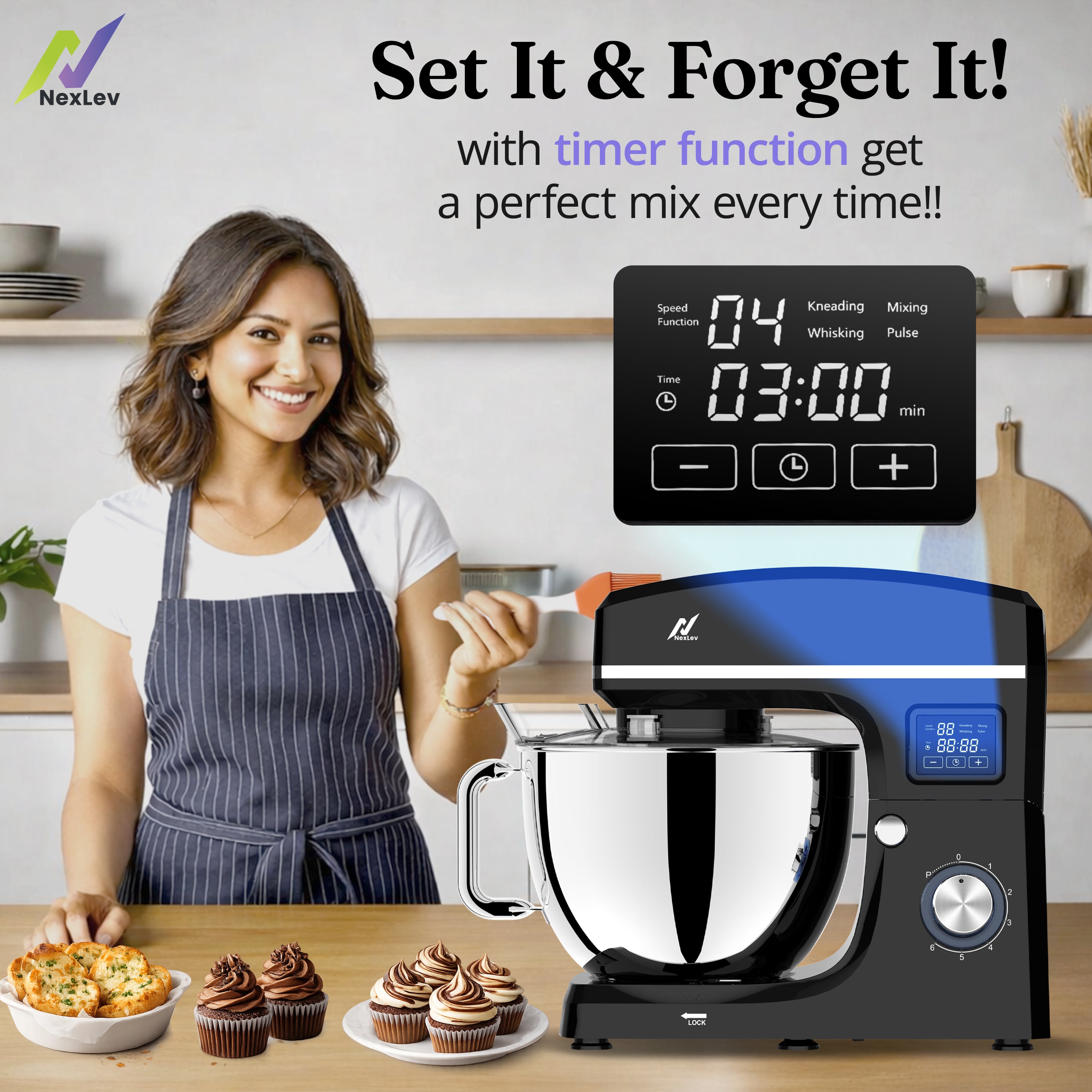 NexLev Stand Mixer with Digital Timer | 2000W Copper Motor | 8L Stainless Steel Bowl | ST-03