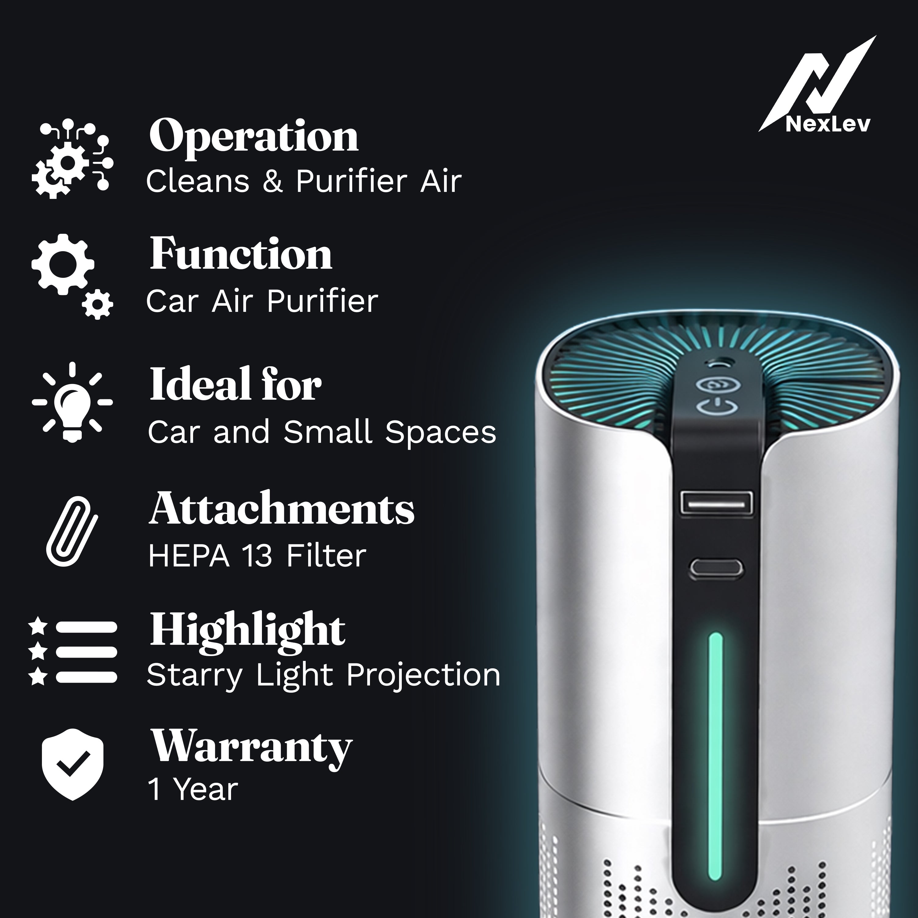 Nexlev Car Air Purifier | H13 HEPA Filter & Activated Carbon | CAP-05