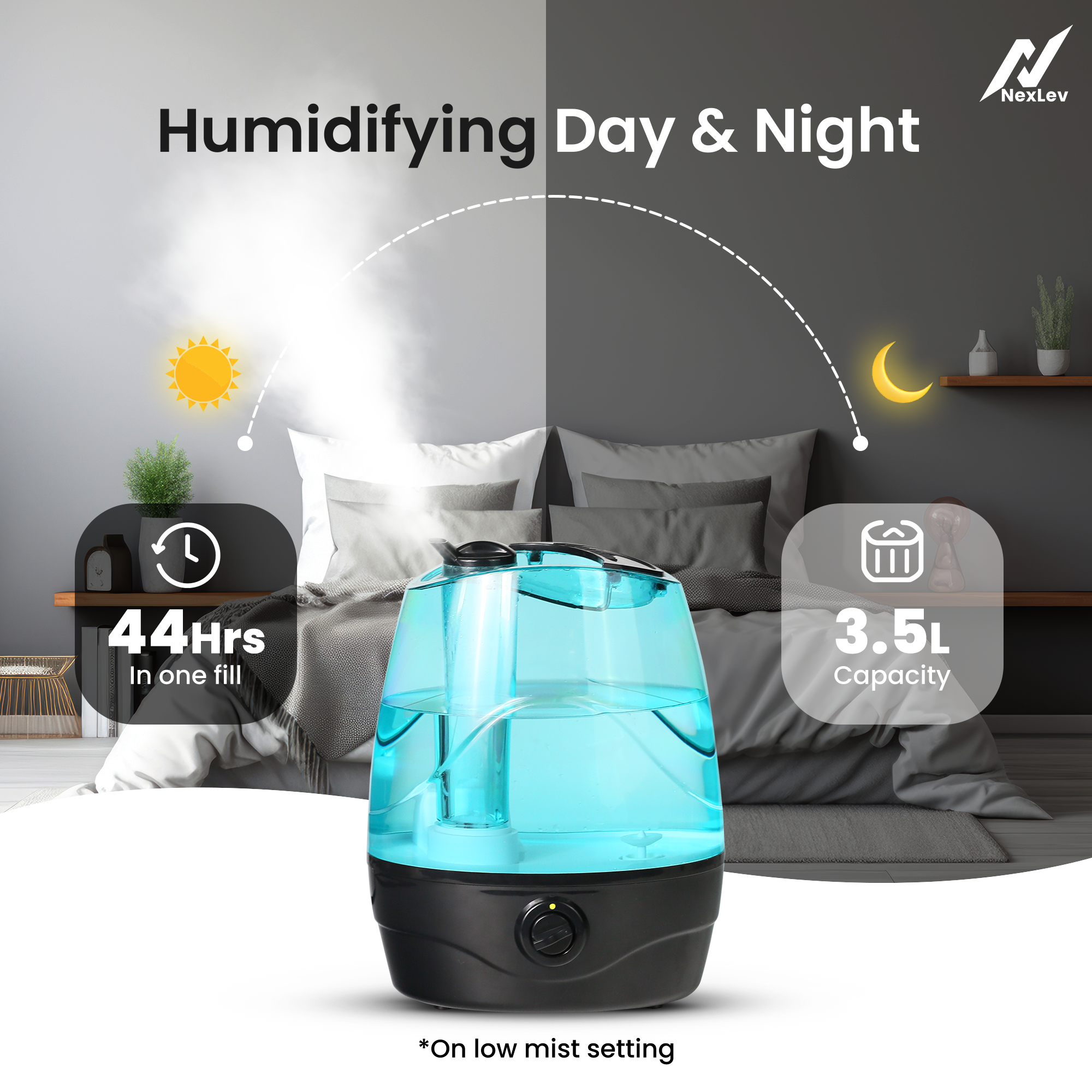 NexLev Cool Mist Humidifier | 3.5L| For Office, Indoor Plants, Baby Nursery | Quiet Operation | Works 44Hrs on Low Setting | 360° Nozzle | Auto Shut-Off | Adjustable Knob | Leak Proof | HU-01