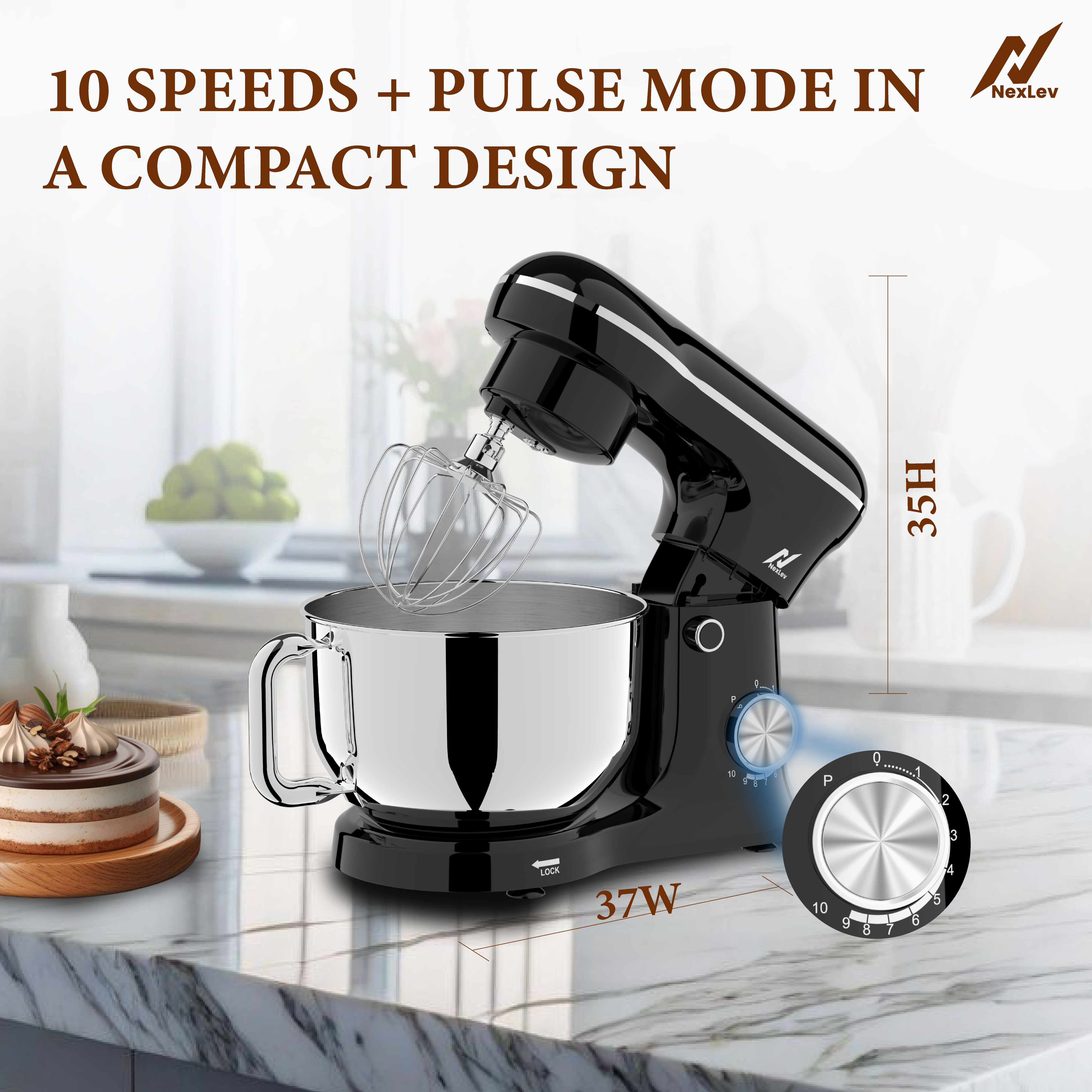 NexLev Stand Mixer | 1500W with 5.5L SS Bowl | 10 Speed Setting and Pulse Function | Includes Whisking Cone, Mixing Beater & Dough Hook | Planetary Rotation | 100% Copper Motor | ST-01