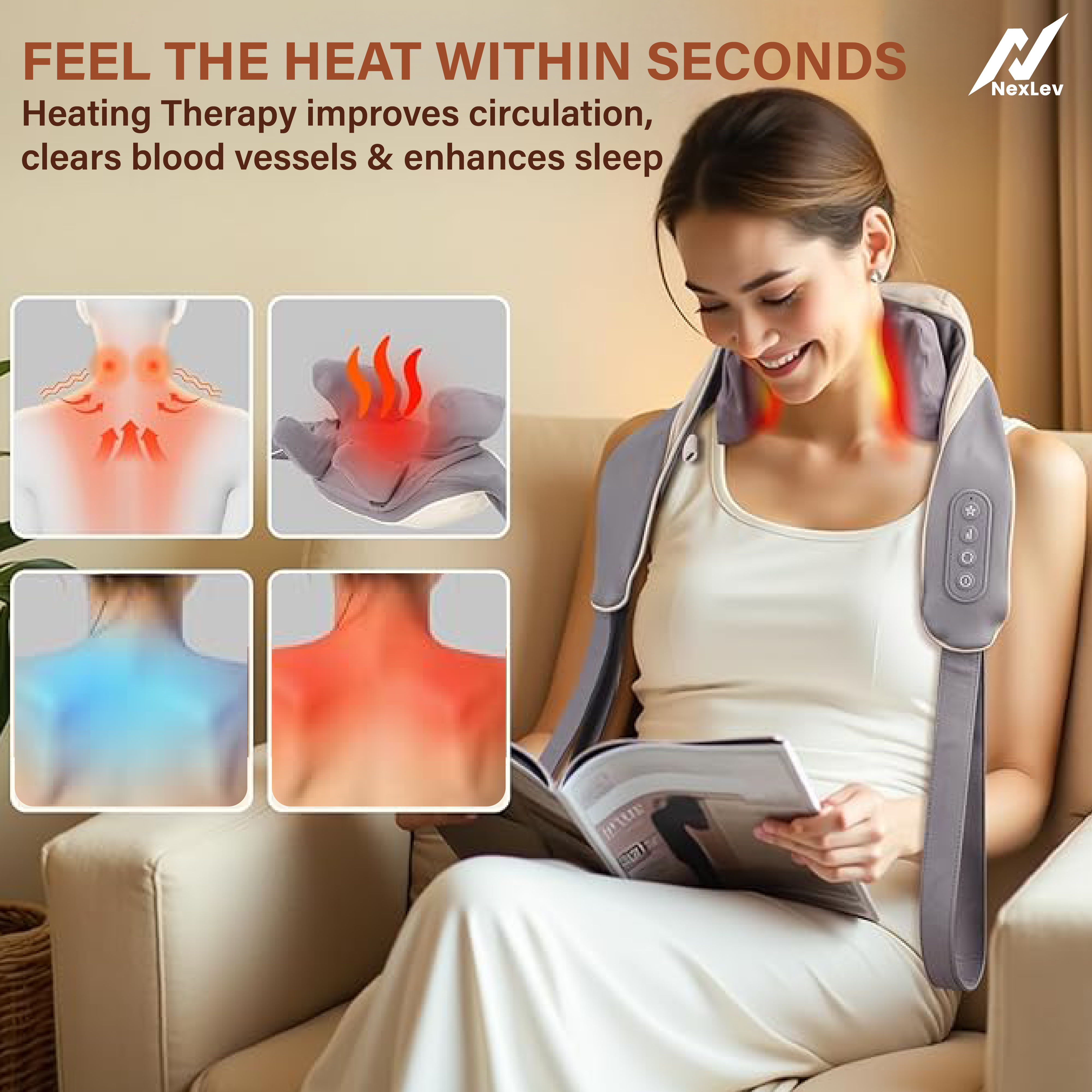 NexLev Shiatsu Neck Shoulder & Back Massager with Heat|8 Kneading Nodes|4 Modes | Deep Tissue Pain Relief| BM-03