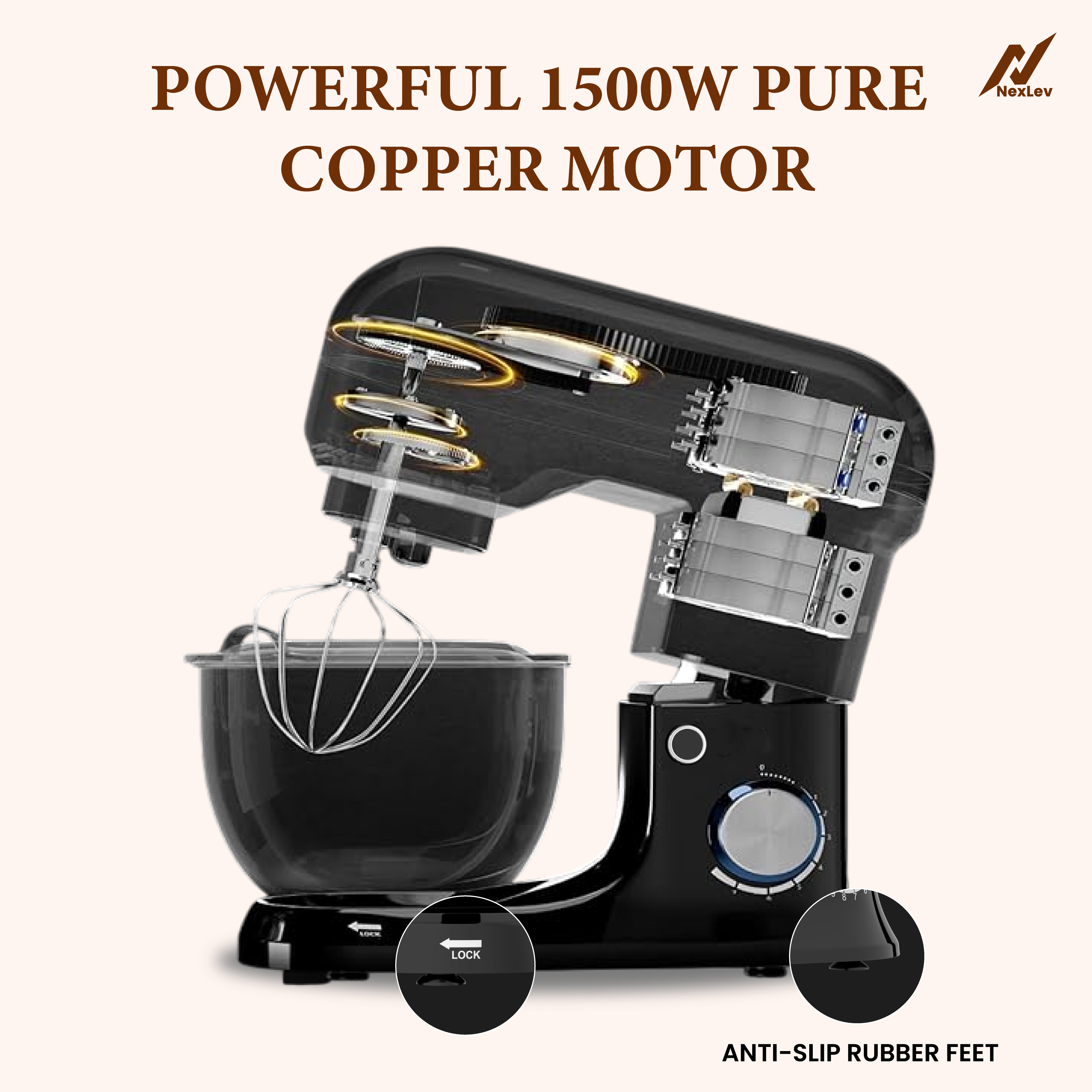 NexLev Stand Mixer | 1500W with 5.5L SS Bowl | 10 Speed Setting and Pulse Function | Includes Whisking Cone, Mixing Beater & Dough Hook | Planetary Rotation | 100% Copper Motor | ST-01