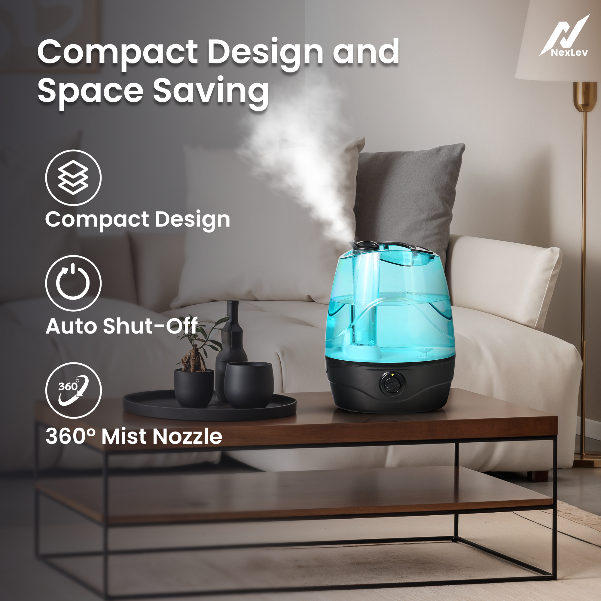 NexLev Cool Mist Humidifier | 3.5L| For Office, Indoor Plants, Baby Nursery | Quiet Operation | Works 44Hrs on Low Setting | 360° Nozzle | Auto Shut-Off | Adjustable Knob | Leak Proof | HU-01