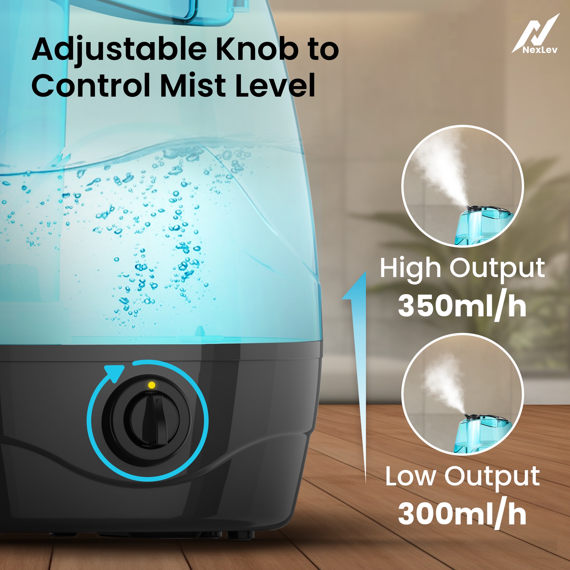 NexLev Cool Mist Humidifier | 3.5L| For Office, Indoor Plants, Baby Nursery | Quiet Operation | Works 44Hrs on Low Setting | 360° Nozzle | Auto Shut-Off | Adjustable Knob | Leak Proof | HU-01