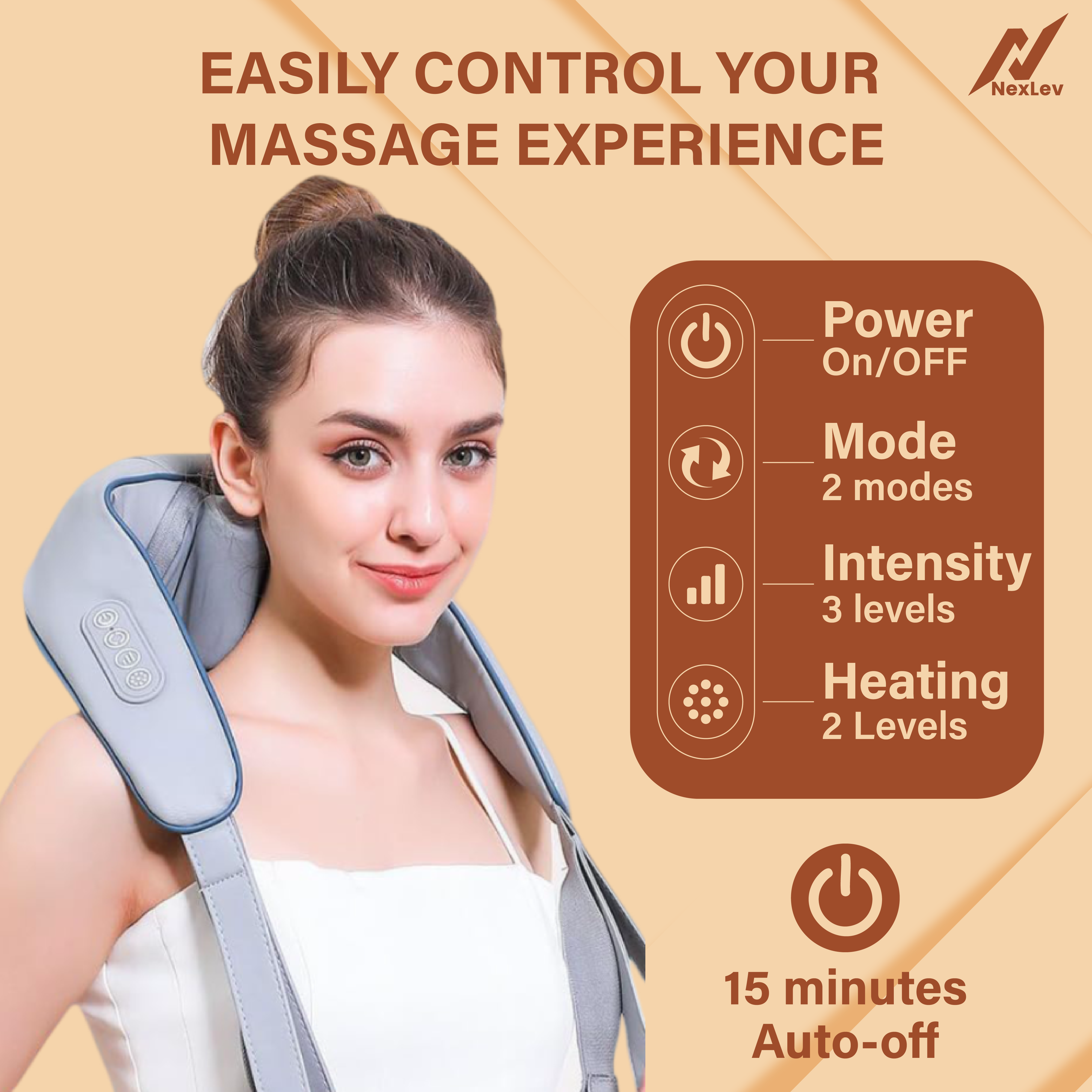 NexLev Shiatsu Neck Shoulder & Back Massager with Heat|8 Kneading Nodes|4 Modes | Deep Tissue Pain Relief| BM-03