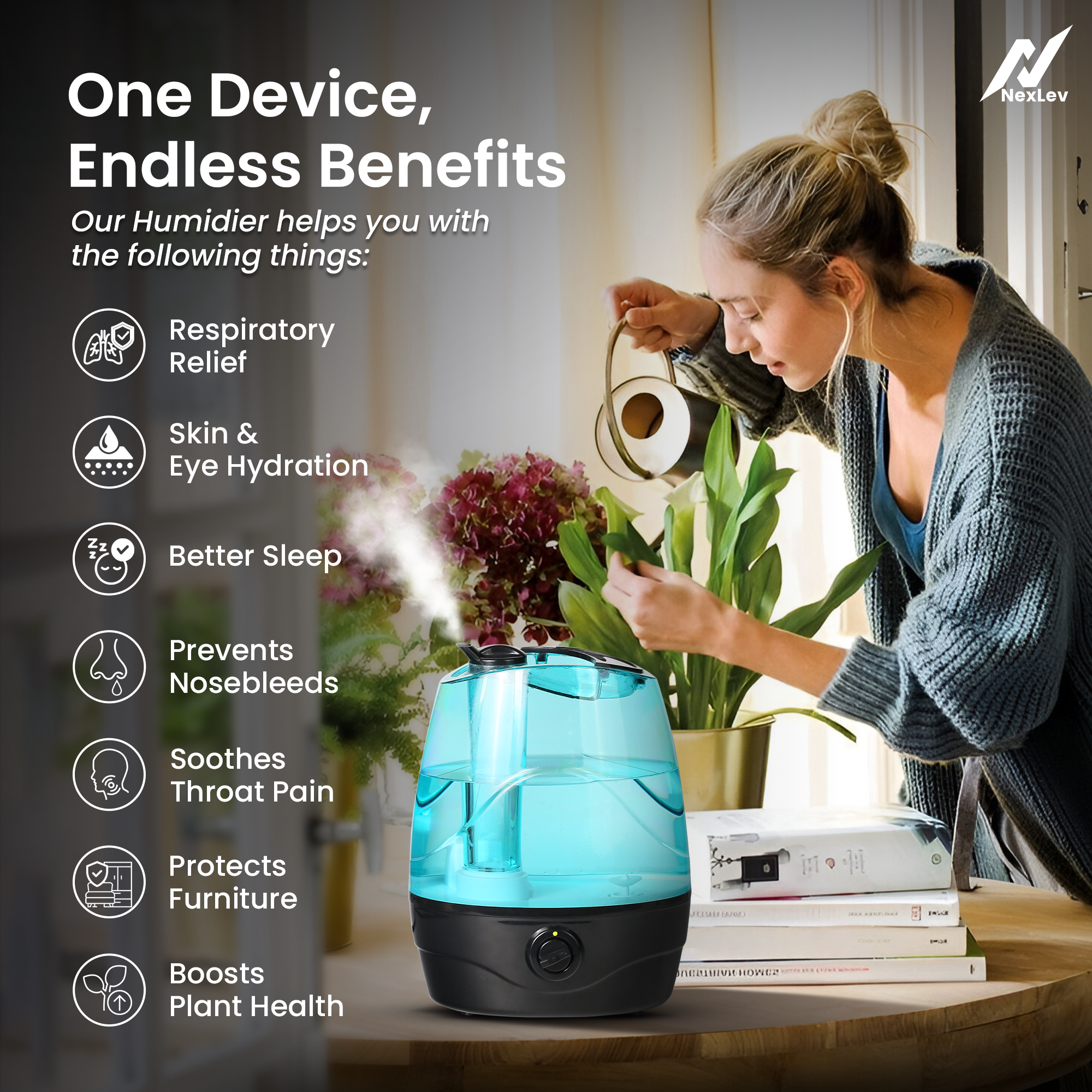 NexLev Cool Mist Humidifier | 3.5L| For Office, Indoor Plants, Baby Nursery | Quiet Operation | Works 44Hrs on Low Setting | 360° Nozzle | Auto Shut-Off | Adjustable Knob | Leak Proof | HU-01