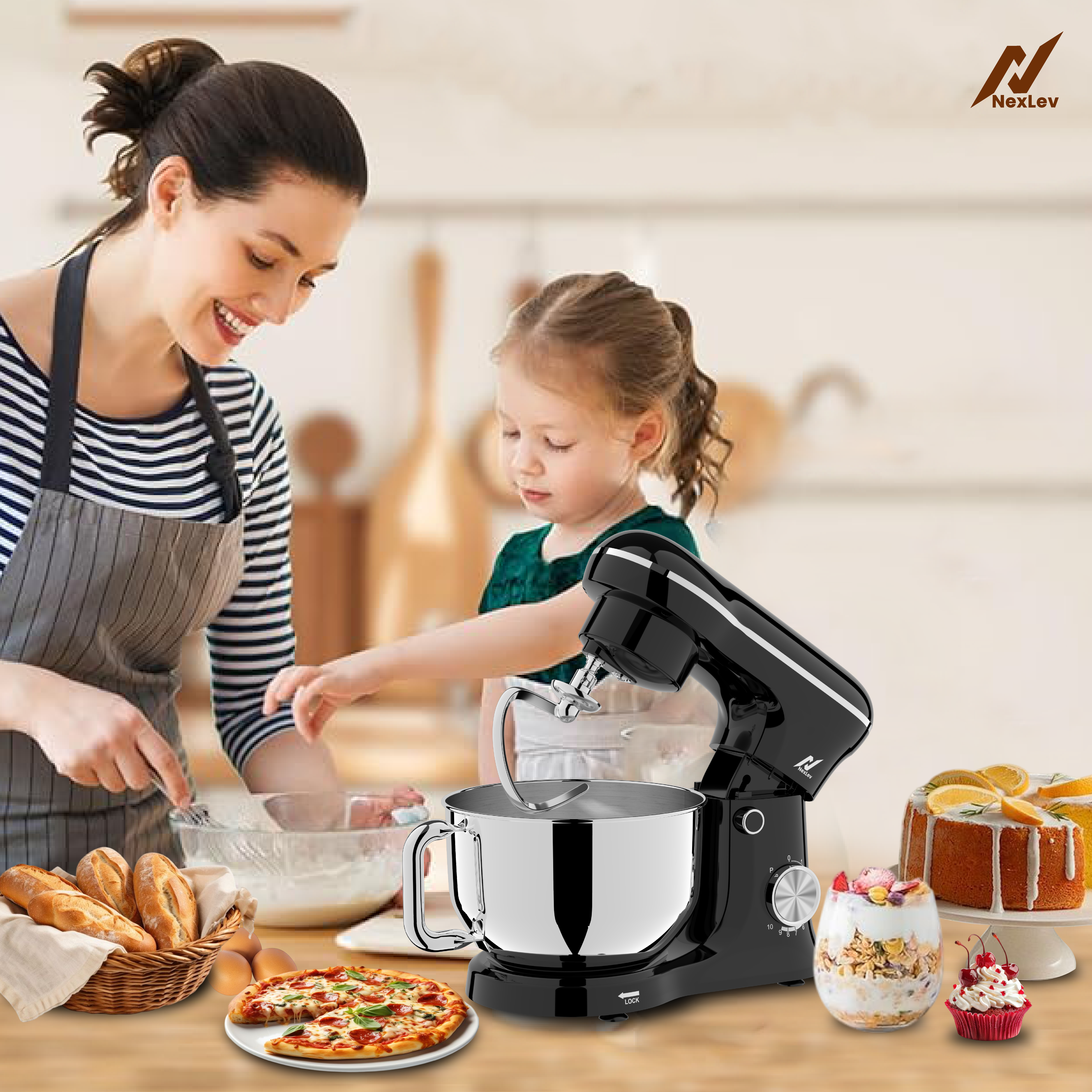 NexLev Stand Mixer | 1500W with 5.5L SS Bowl | 10 Speed Setting and Pulse Function | Includes Whisking Cone, Mixing Beater & Dough Hook | Planetary Rotation | 100% Copper Motor | ST-01