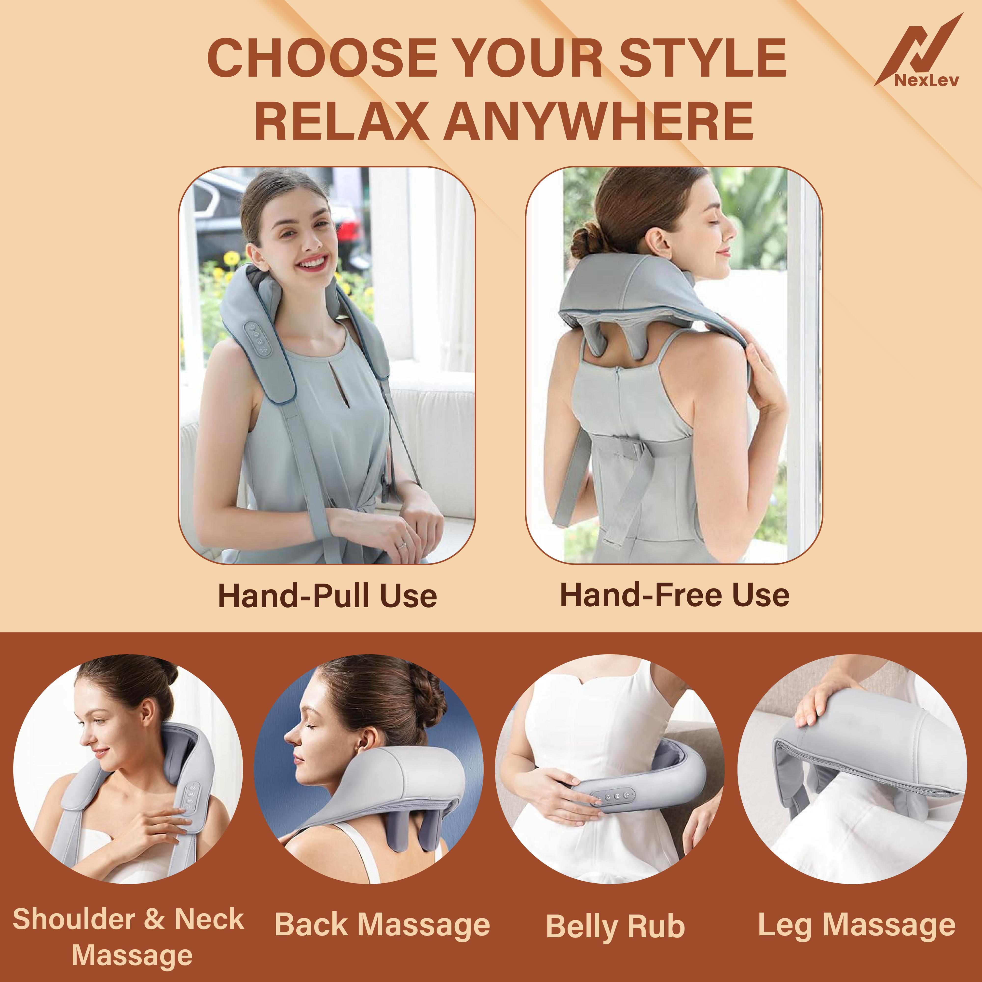 NexLev Shiatsu Neck Shoulder Back Massager with Heat|8 Kneading Nodes|4 Modes Deep Tissue Pain Relief| BM-03