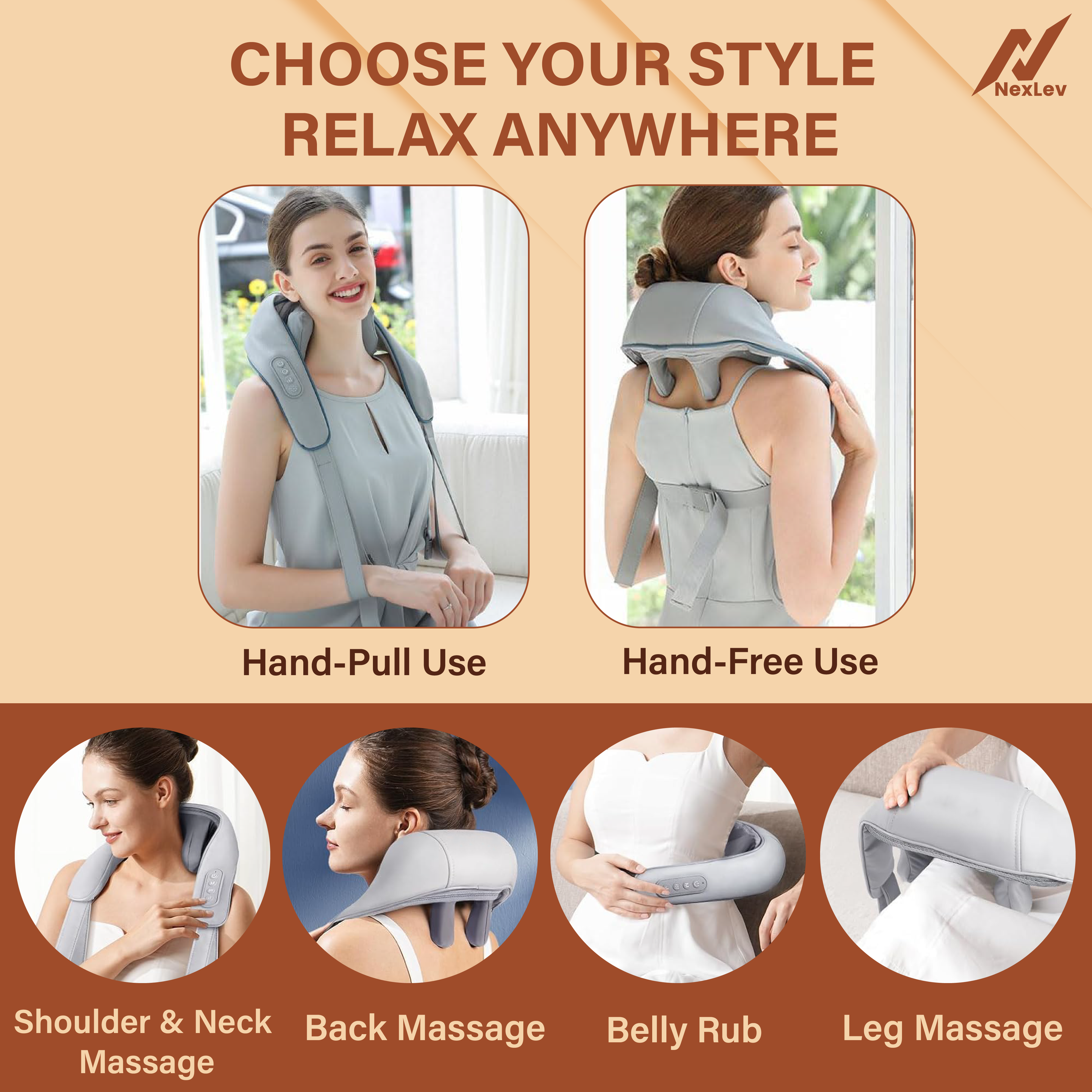 NexLev Shiatsu Neck Shoulder & Back Massager with Heat|8 Kneading Nodes|4 Modes | Deep Tissue Pain Relief| BM-03