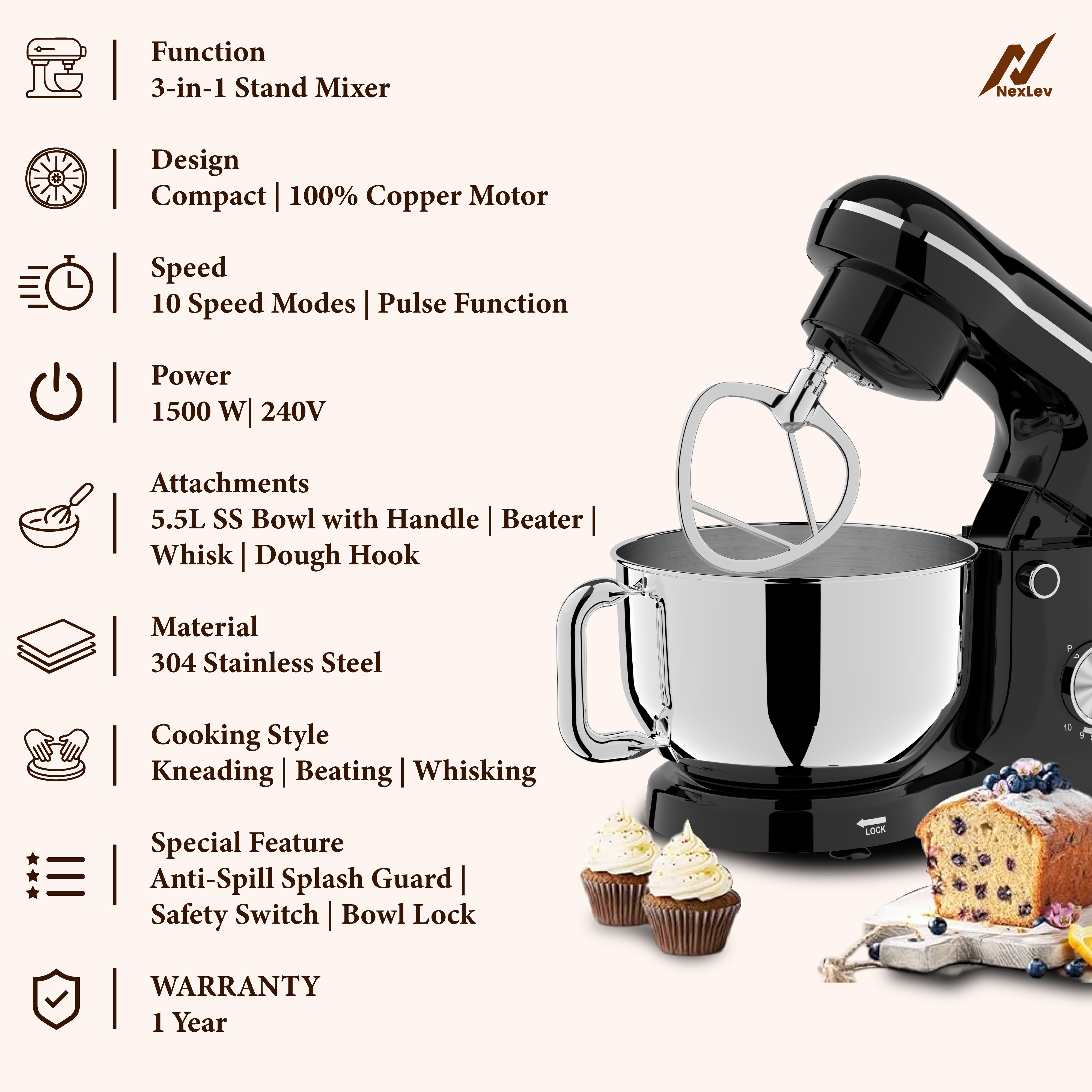 NexLev Stand Mixer | 1500W with 5.5L SS Bowl | 10 Speed Setting and Pulse Function | Includes Whisking Cone, Mixing Beater & Dough Hook | Planetary Rotation | 100% Copper Motor | ST-01