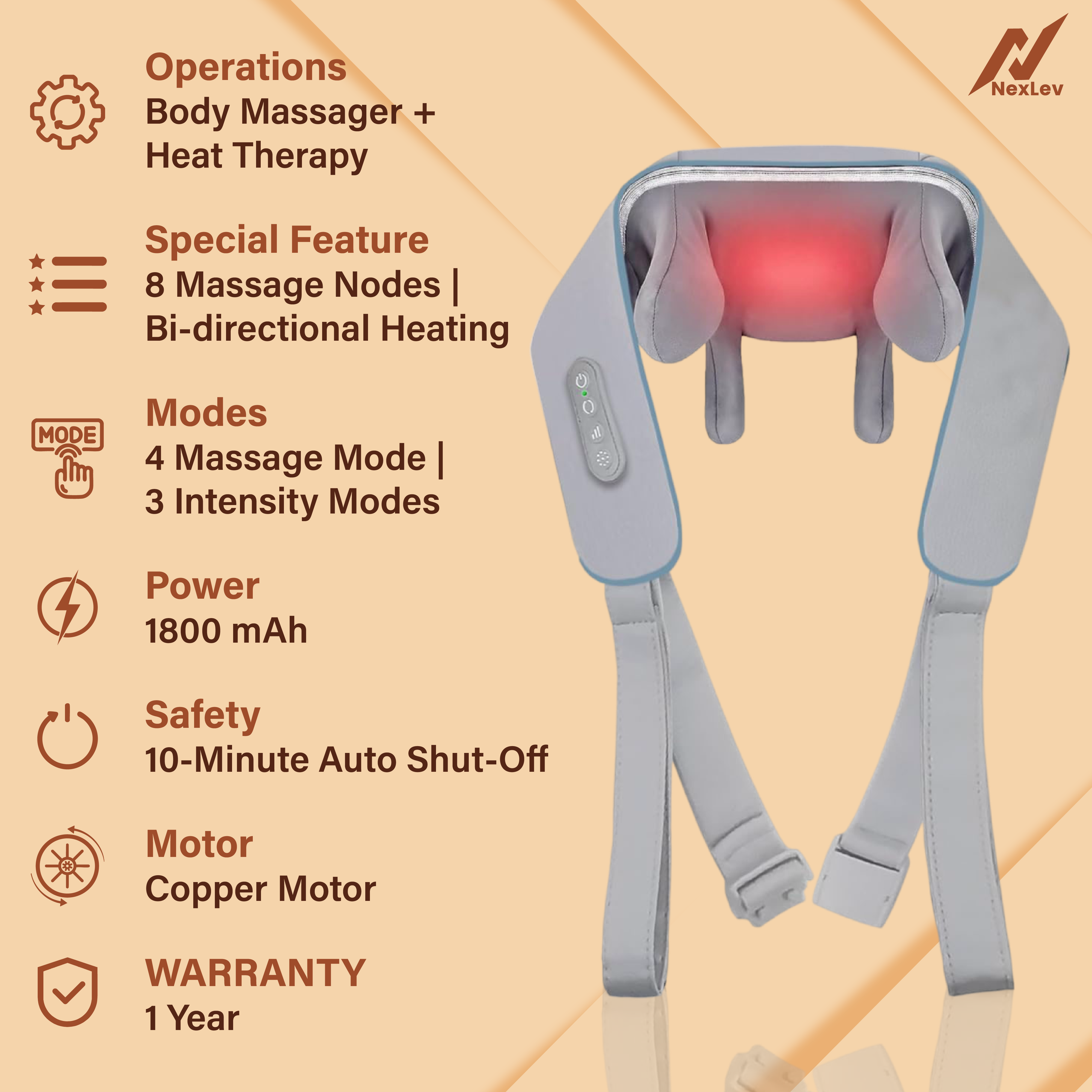 NexLev Shiatsu Neck Shoulder & Back Massager with Heat|8 Kneading Nodes|4 Modes | Deep Tissue Pain Relief| BM-03