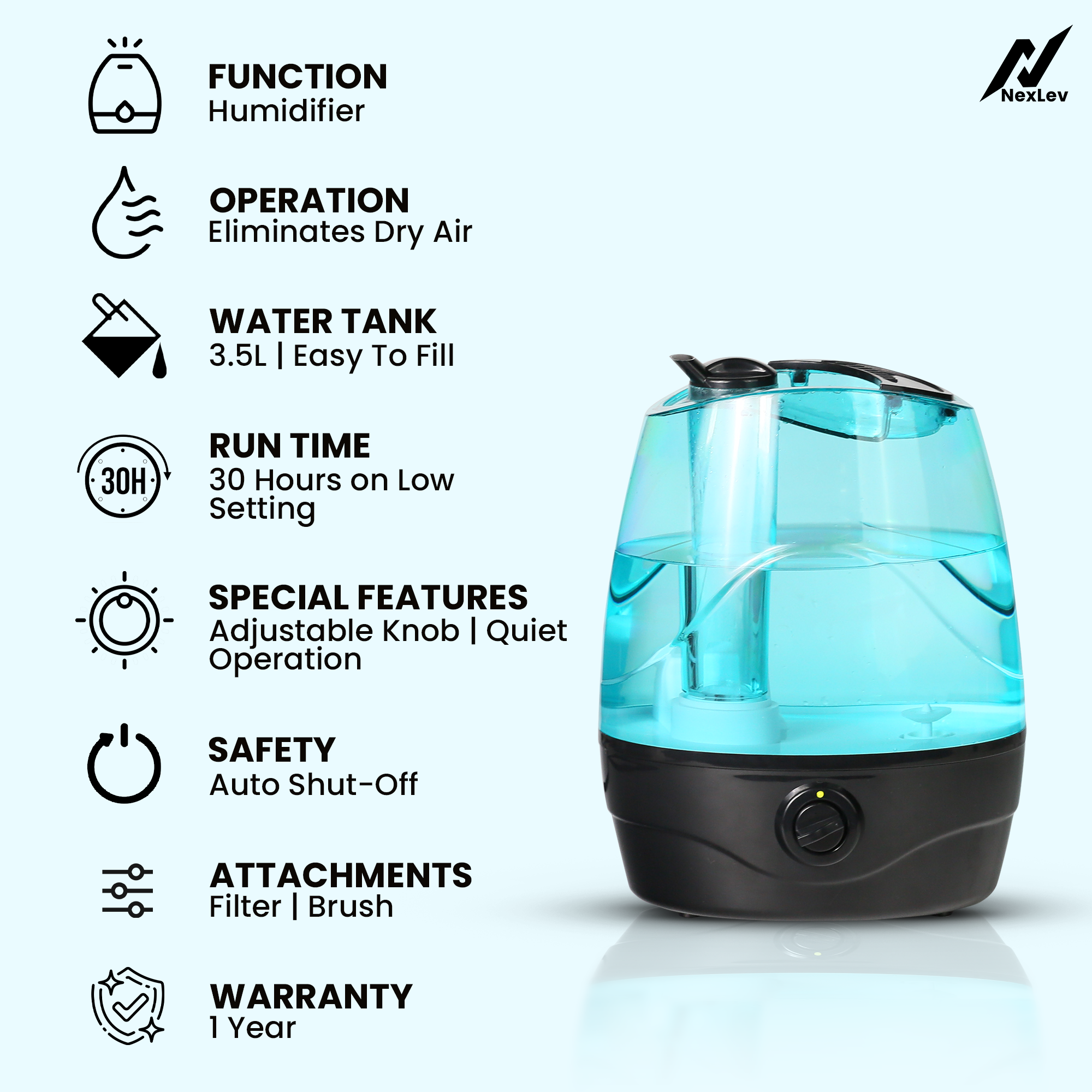 NexLev Cool Mist Humidifier | 3.5L| For Office, Indoor Plants, Baby Nursery | Quiet Operation | Works 44Hrs on Low Setting | 360° Nozzle | Auto Shut-Off | Adjustable Knob | Leak Proof | HU-01